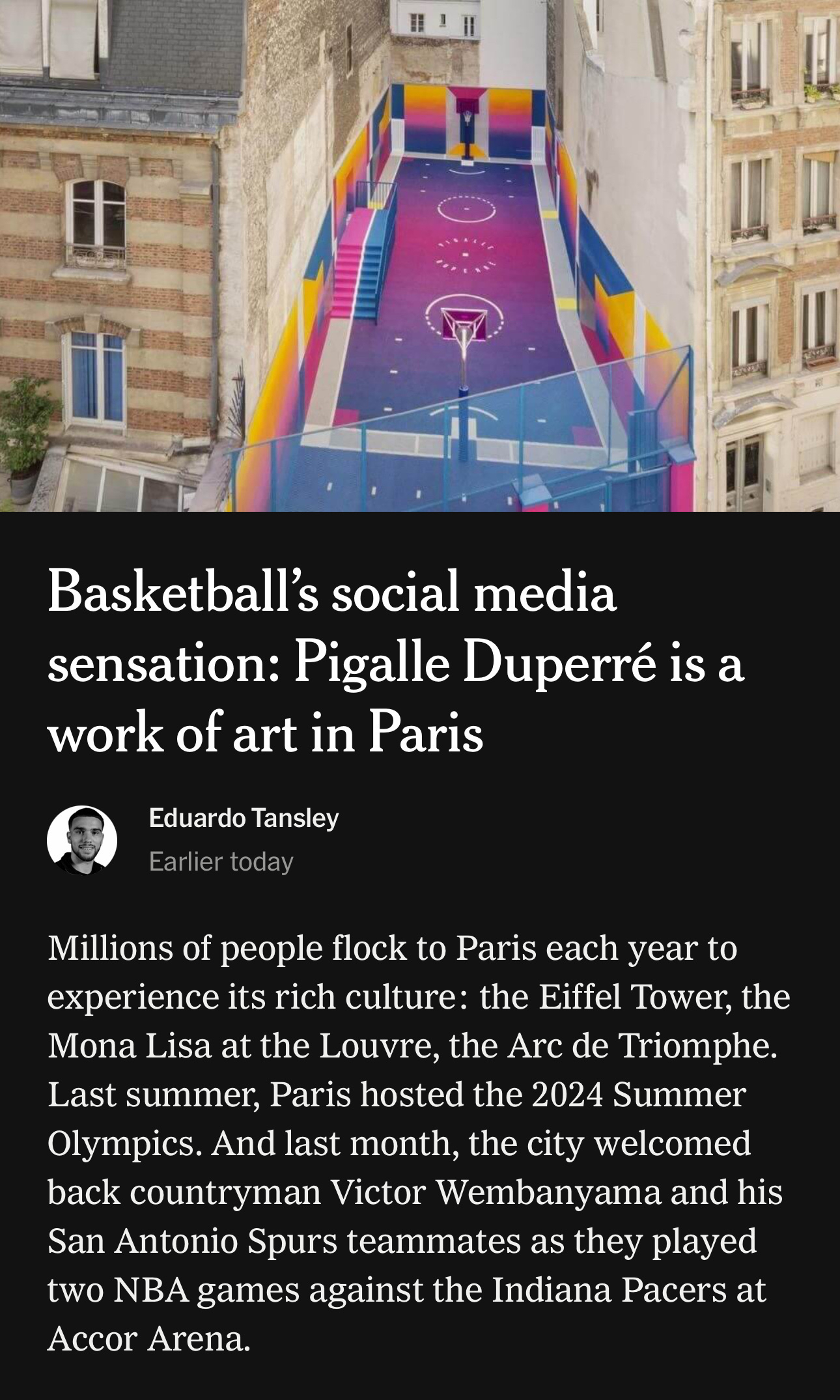 A vibrant, colorful basketball court is nestled between buildings in Paris, accompanied by a text about Pigalle Duperré as a social media sensation.