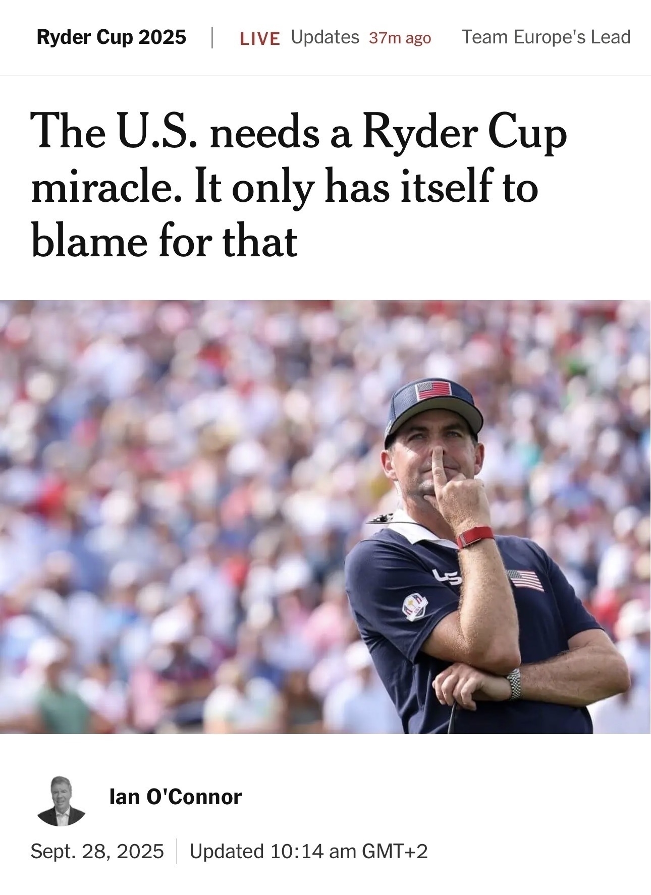 A person wearing a cap and holding a finger to their lips is standing in front of a blurred crowd, with text discussing the U.S.'s challenge in the Ryder Cup.