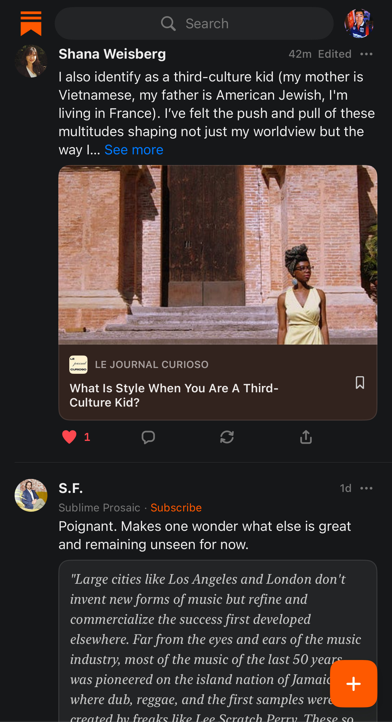 A social media post is discussing the experience of a third-culture kid, with an article link and a photo of a person standing near a wall.