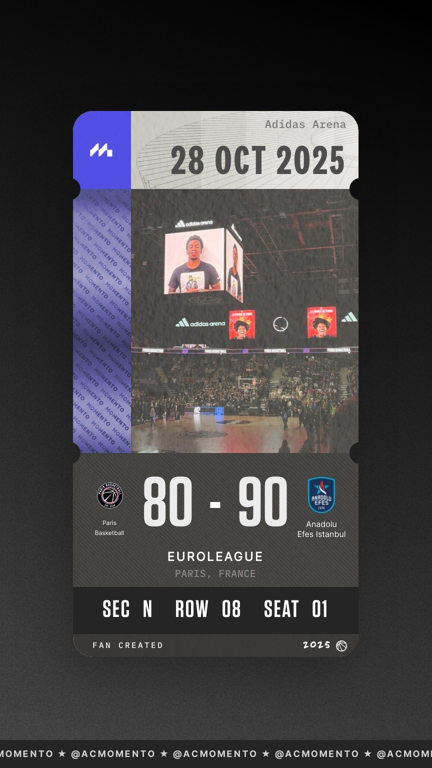 A digital ticket stub shows a Euroleague basketball game between Paris Basketball and Anadolu Efes Istanbul at Adidas Arena, with a final score of 80-90 on October 28, 2025.