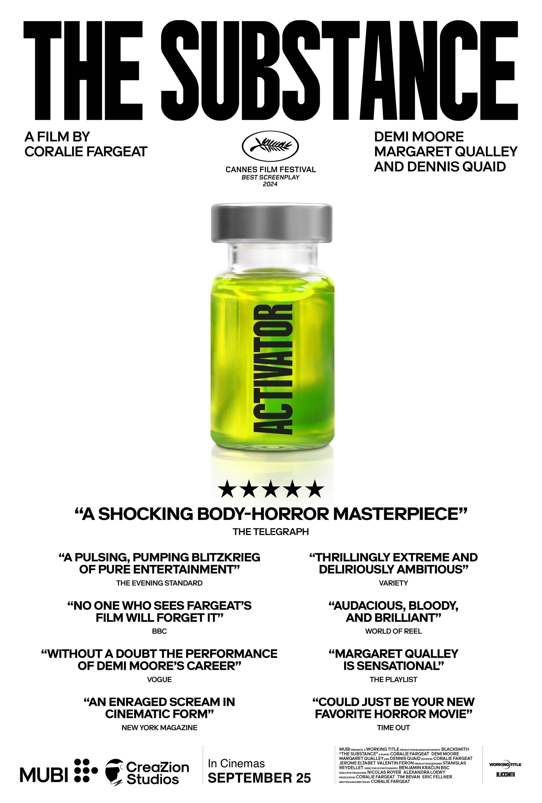 A green vial labeled "Activator" is featured prominently against a white background, surrounded by quotes and details about the film "The Substance," including its release date and main actors.