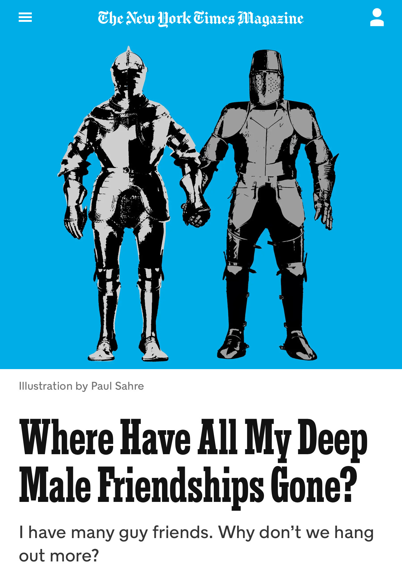 Two armored figures holding hands are depicted above a headline about male friendships.
