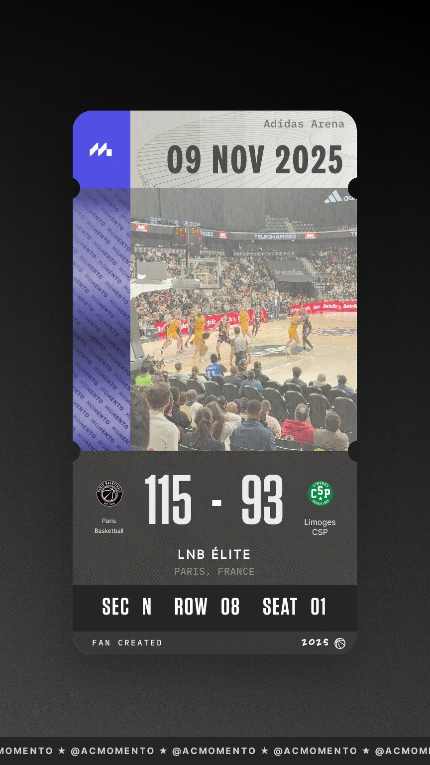 A basketball game ticket shows a match on November 9, 2025, between Paris Basketball and Limoges CSP, with a final score of 115-93.