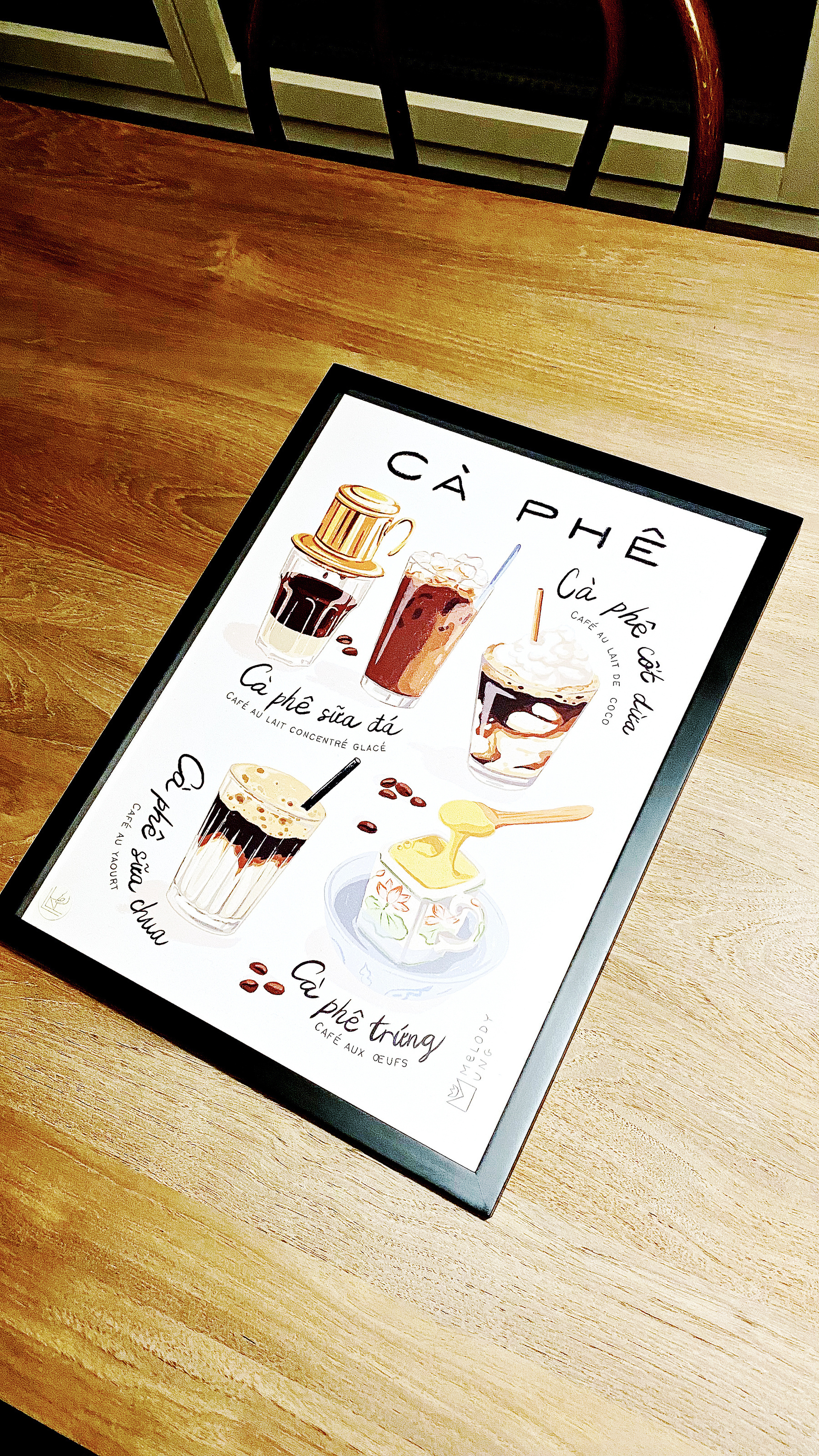 Auto-generated description: A framed poster on a wooden table depicts various Vietnamese coffee drinks with illustrations and text labels.