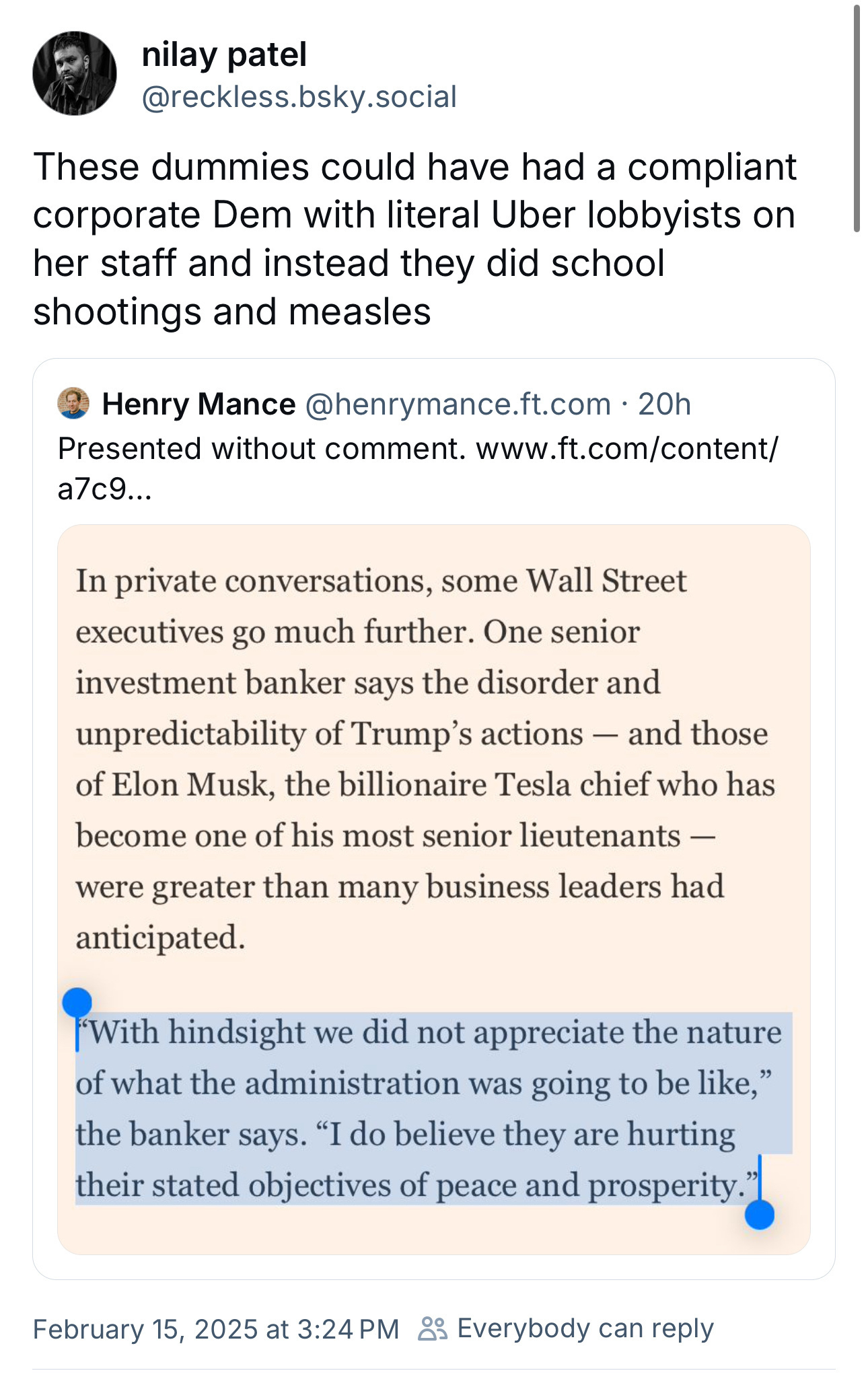 A Bluesky post criticizing Wall Street executives is shown above a highlighted quote from an article discussing Wall Street executives' views on the Trump administration.