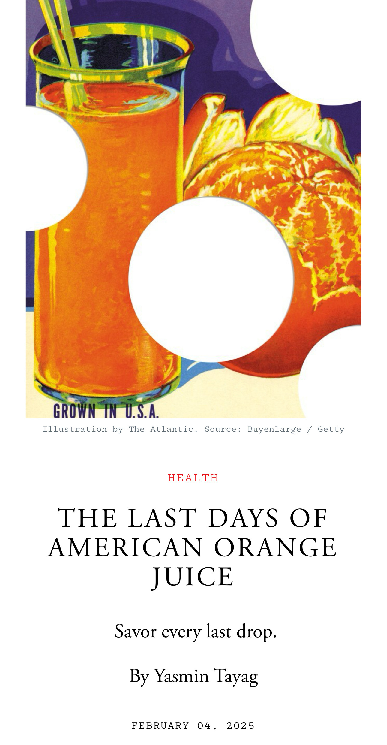 A vibrant illustration features a glass of orange juice and chopped oranges, accompanied by a headline about the decline of American orange juice.