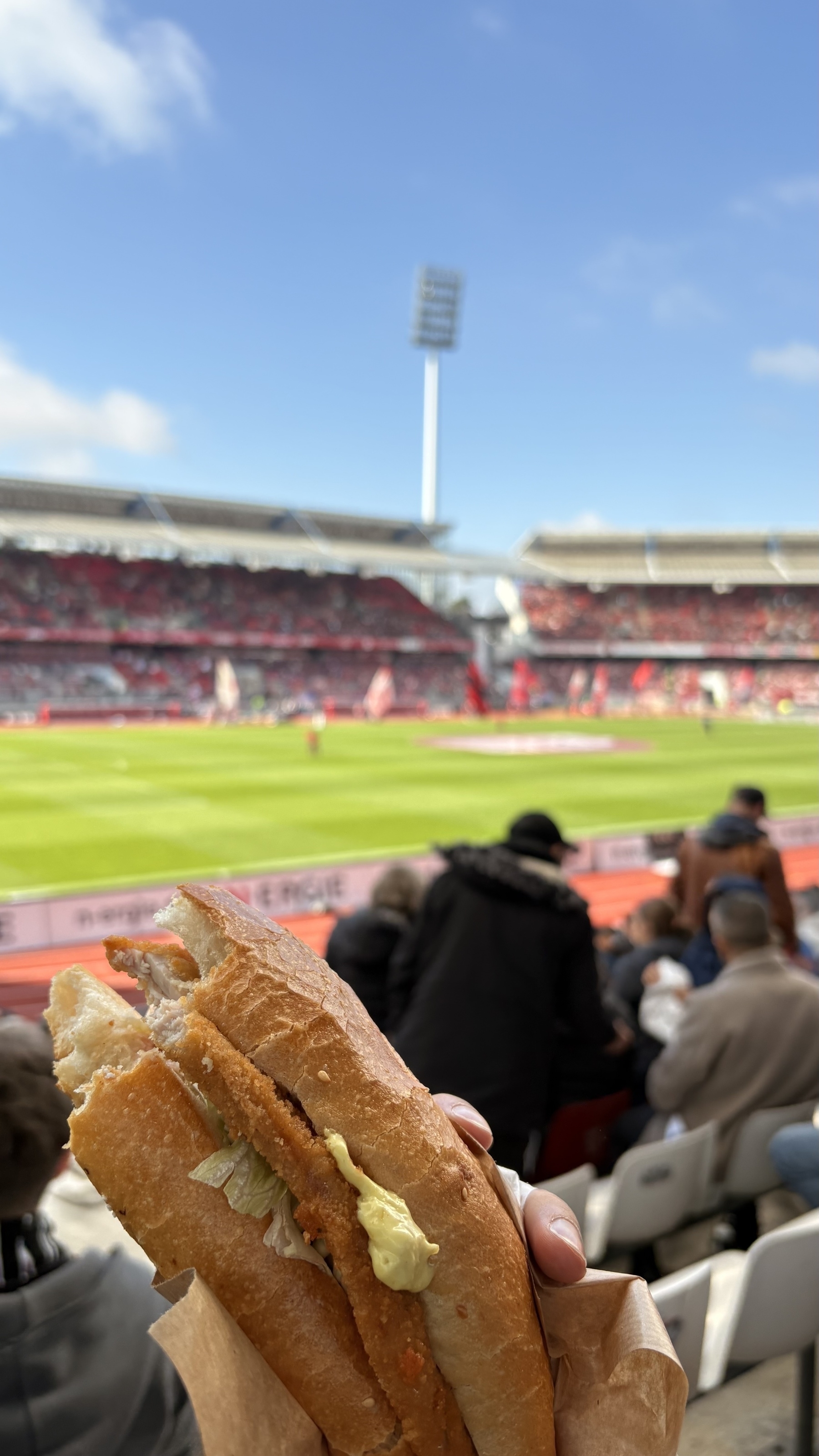 A person is holding a schnitzel sandwich while watching a soccer match in a stadium.