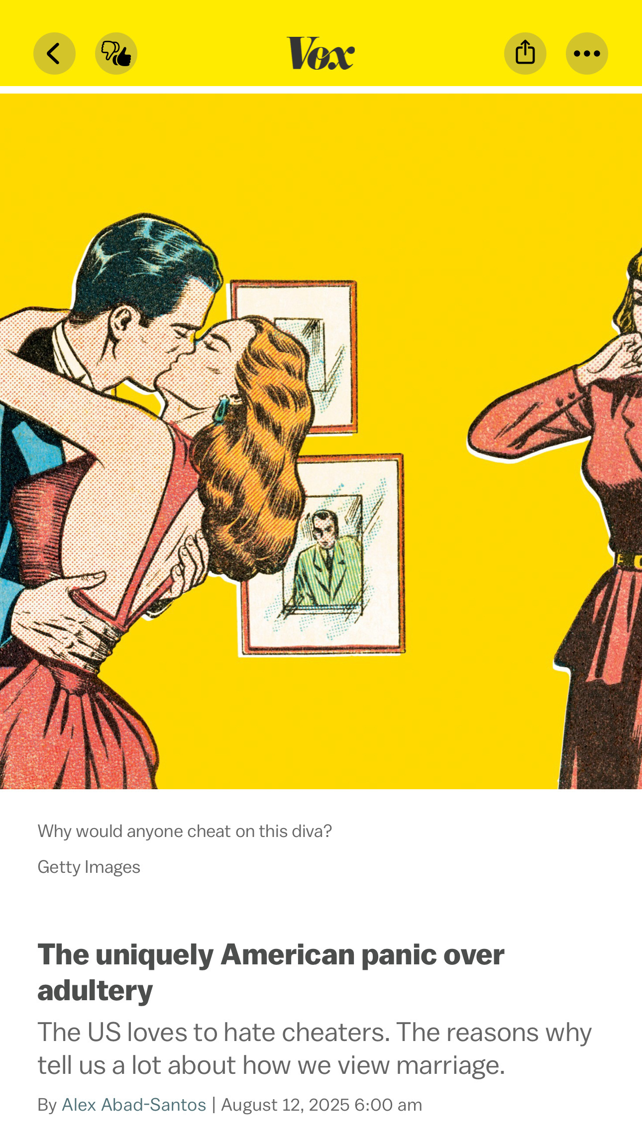A stylized comic-book illustration shows a man kissing a woman while another woman looks at them in surprise.
