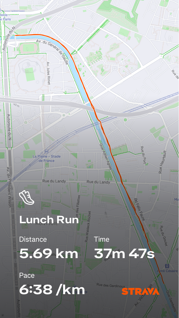 A map displays a running route, with details indicating a 5.69 km lunch run completed in 37 minutes and 47 seconds at a pace of 6:38 per kilometer.