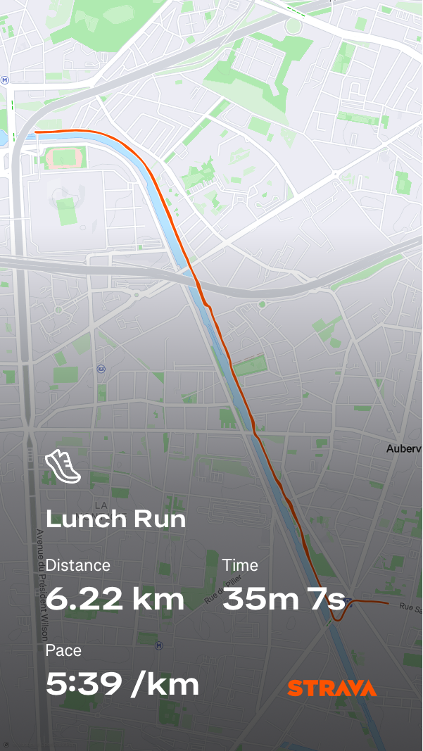 Auto-generated description: A map displays a running route alongside statistics for a 6.22 km lunch run, including a time of 35 minutes and 7 seconds and a pace of 5:39 per kilometer, with Strava branding.