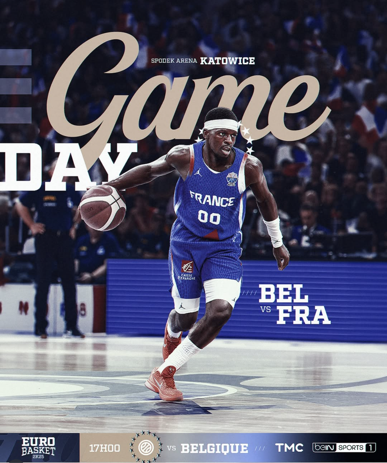 A basketball player wearing a France uniform is dribbling the ball on an indoor court, with text "Game Day" and "BEL vs FRA" visible.