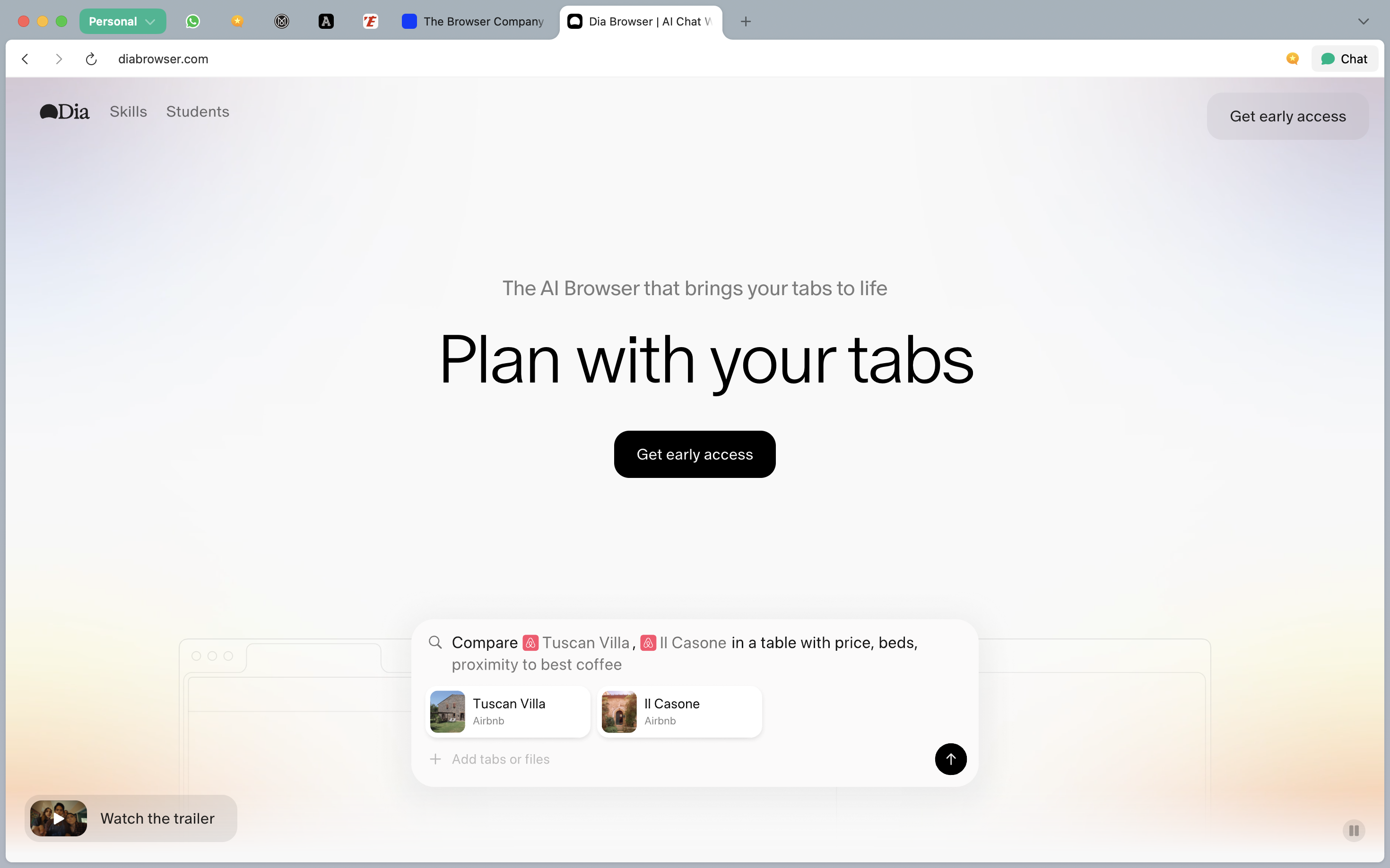 Auto-generated description: A browser interface titled Plan with your tabs features an option to compare two locations, Toucan Villa and Cascone, with a focus on planning based on price, beds, and proximity to the best coffee.