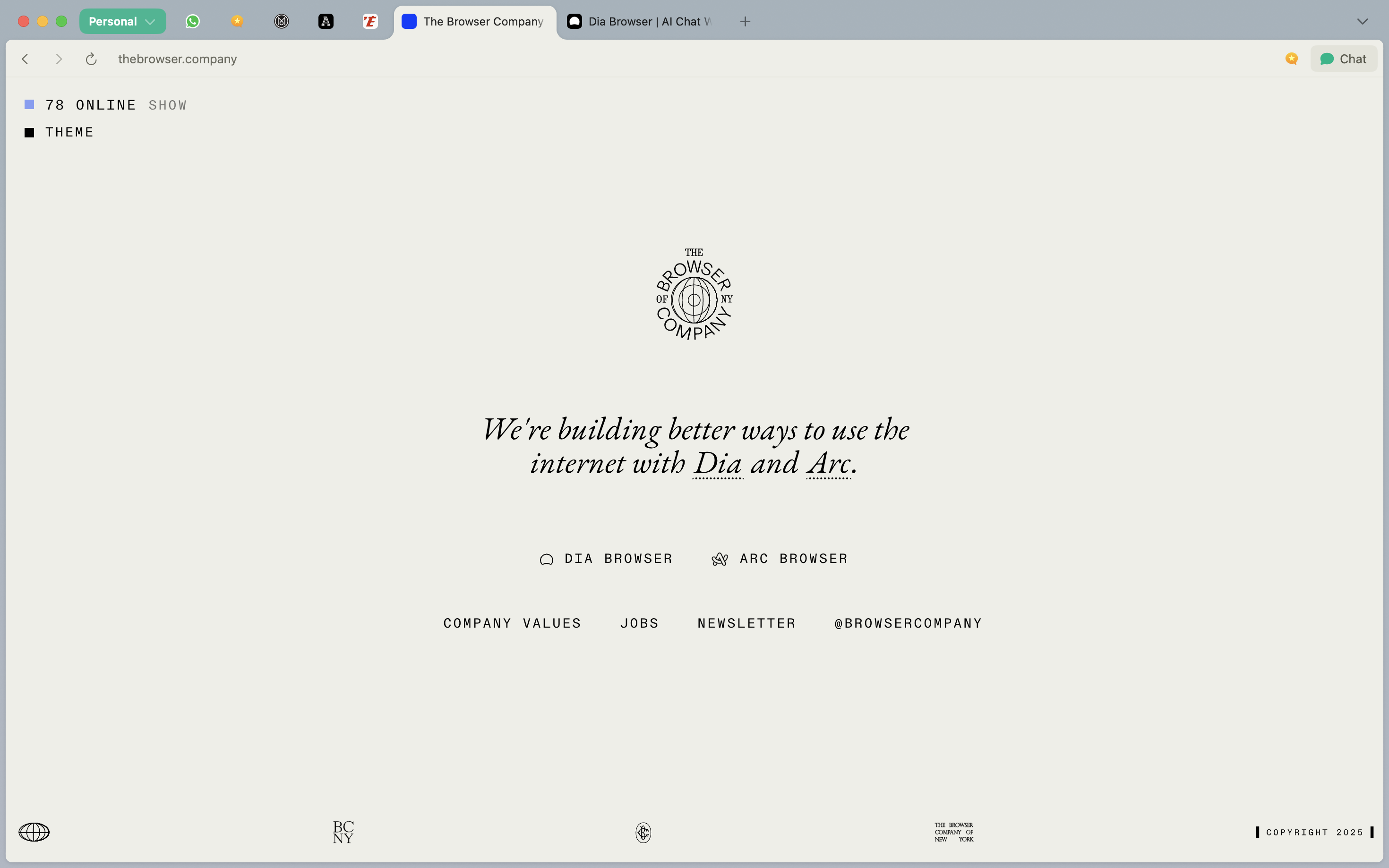Auto-generated description: A minimalist webpage with a message about building better internet experiences using Dia and Arc, accompanied by navigation links.