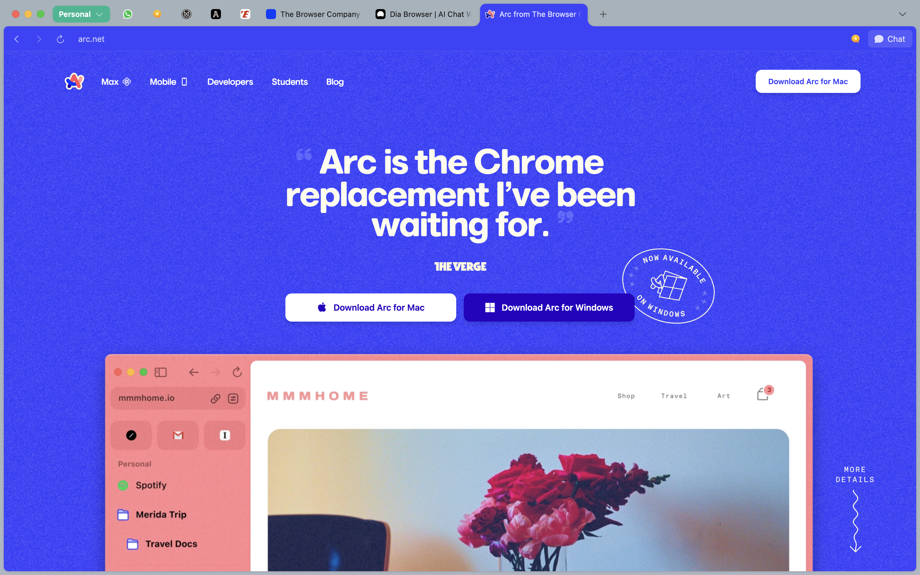 Auto-generated description: A colorful homepage for a browser called Arc features download options for Mac and Windows, with quotes and images of its interface.