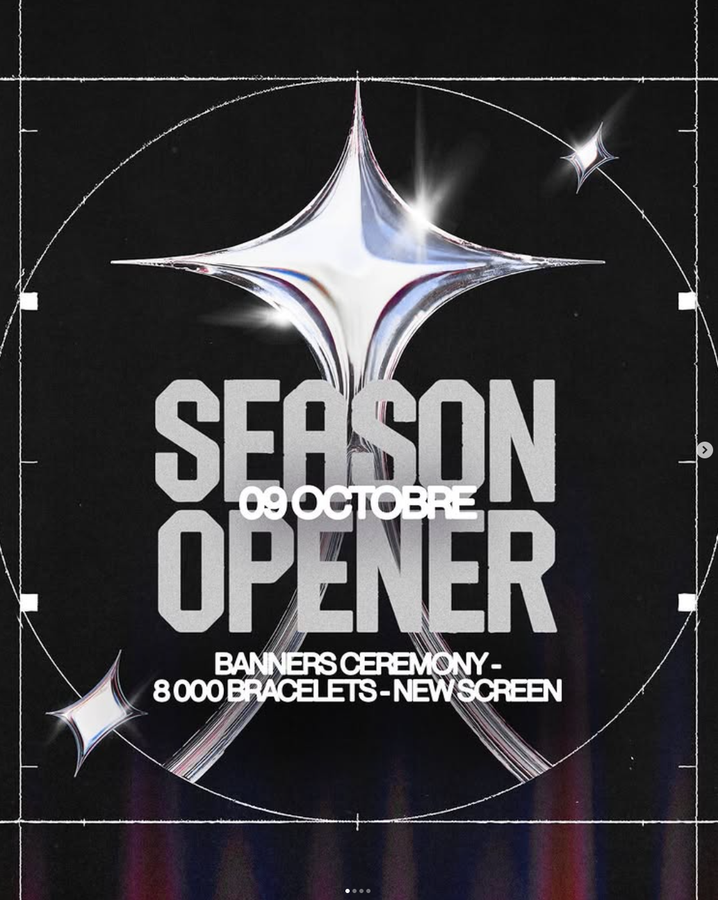 A promotional poster announces a season opener event on October 9th, featuring a banners ceremony, 8,000 bracelets, and a new screen, with sleek, shiny graphics on a dark background.