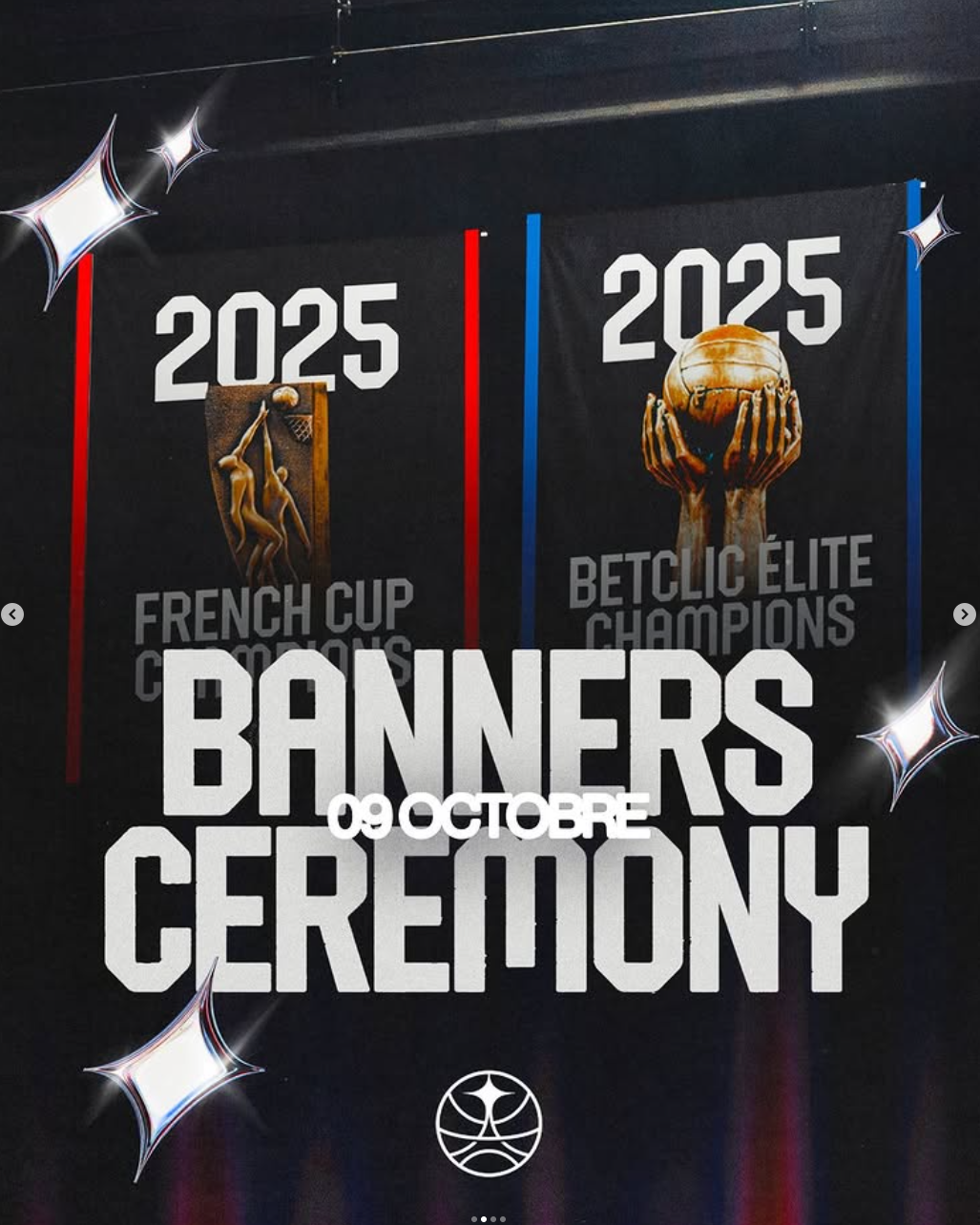 A promotional graphic announces a Banners Ceremony on October 9th with awards for 2025 French Cup Champions and 2025 Betclic Elite Champions displayed above.