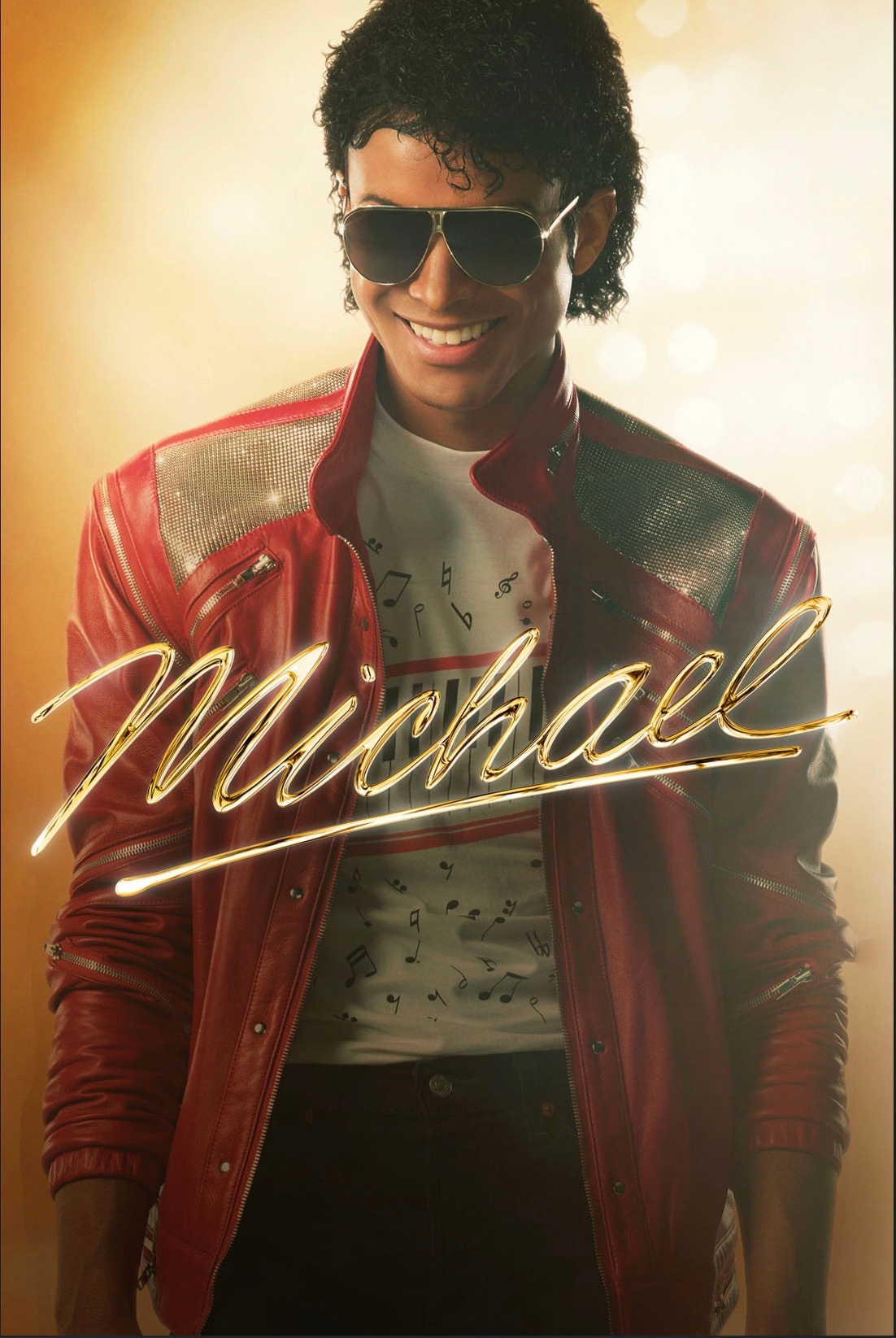 A person wearing a red leather jacket and sunglasses smiles confidently against a golden background with the word Michael written in elegant script across the image.