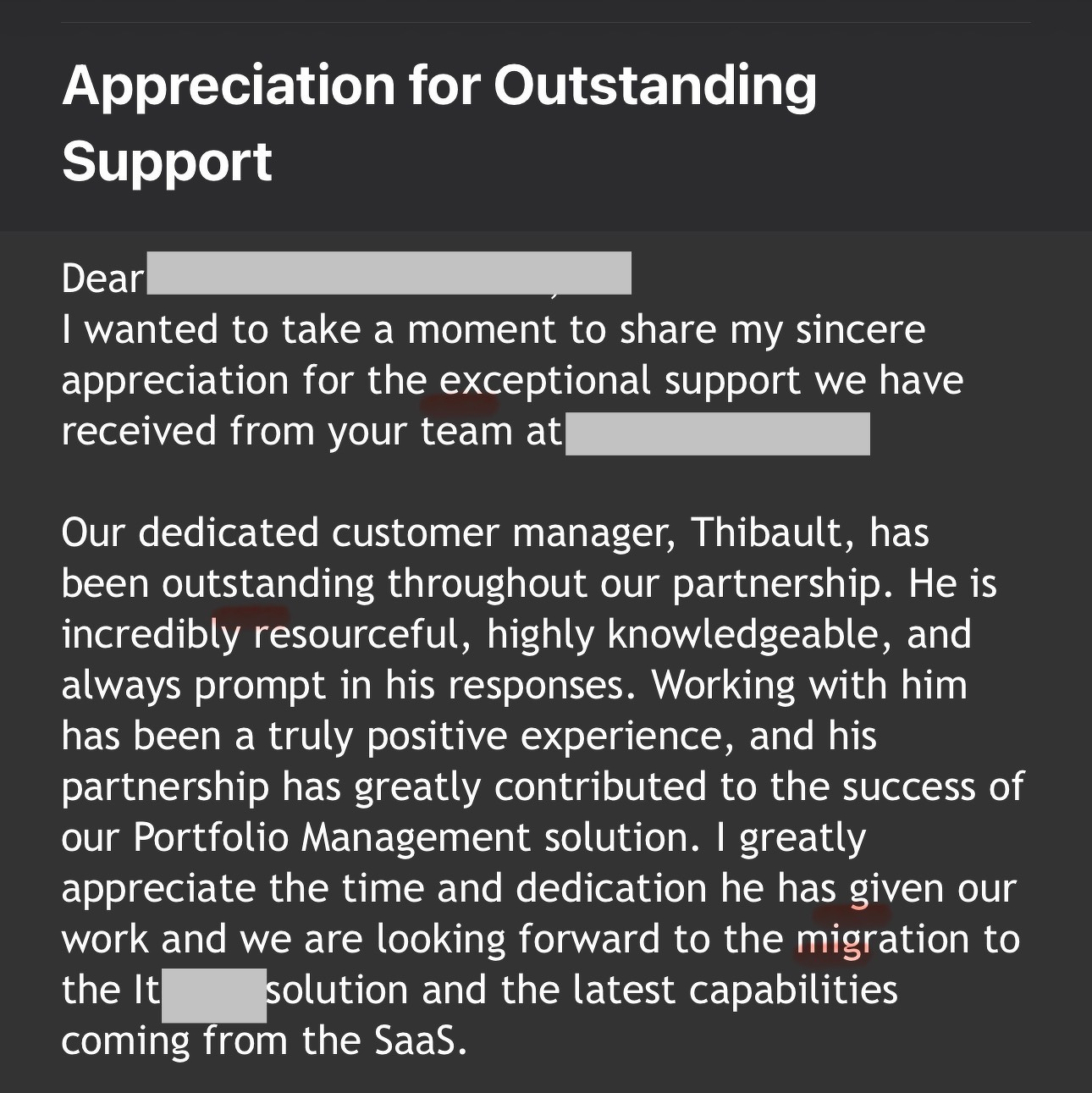 A letter expresses appreciation for outstanding support, highlighting the contributions of a customer manager named Thibault in a successful business partnership.