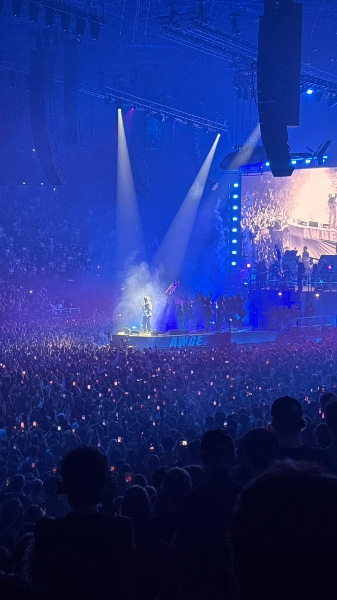 A musician is performing on a brightly lit stage in front of a large, enthusiastic crowd inside an arena.
