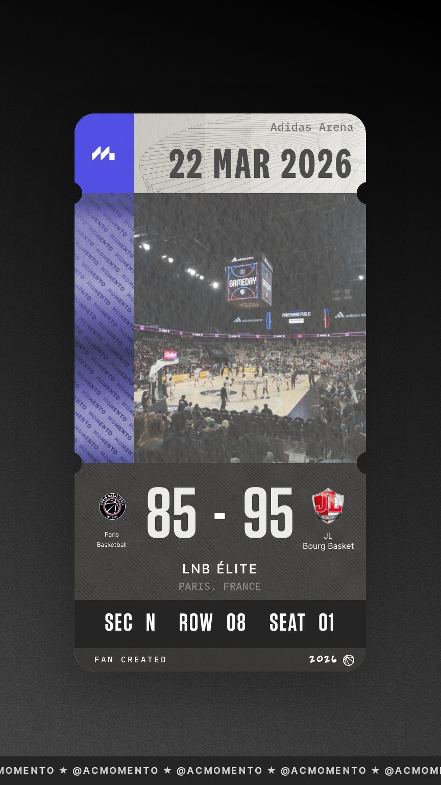 A digital sports ticket shows a basketball game where Paris Basketball lost to JL Bourg Basket with a score of 85 to 95 on March 22, 2026.