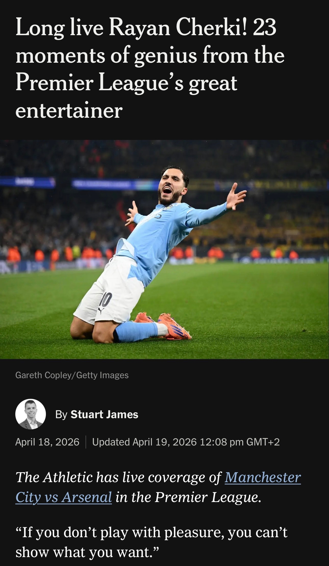 A soccer player is celebrating on the field, with a headline and text about Rayan Cherki's moments of genius in the Premier League above.