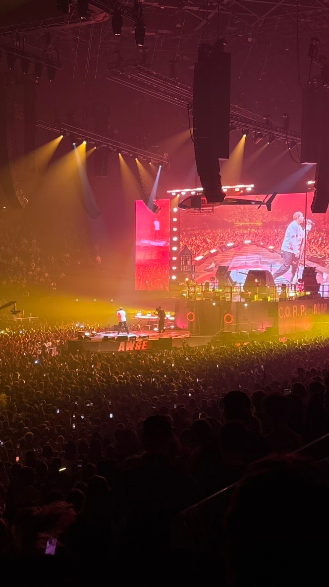 A large crowd watches a live musical performance on a brightly lit stage with a giant screen displaying the performer.