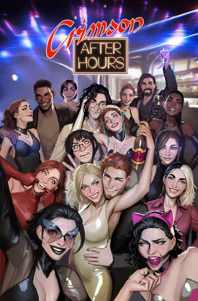 A diverse and animated group of people are enjoying a lively party, posing with drinks and playful expressions under the 'Crimson After Hours' sign.