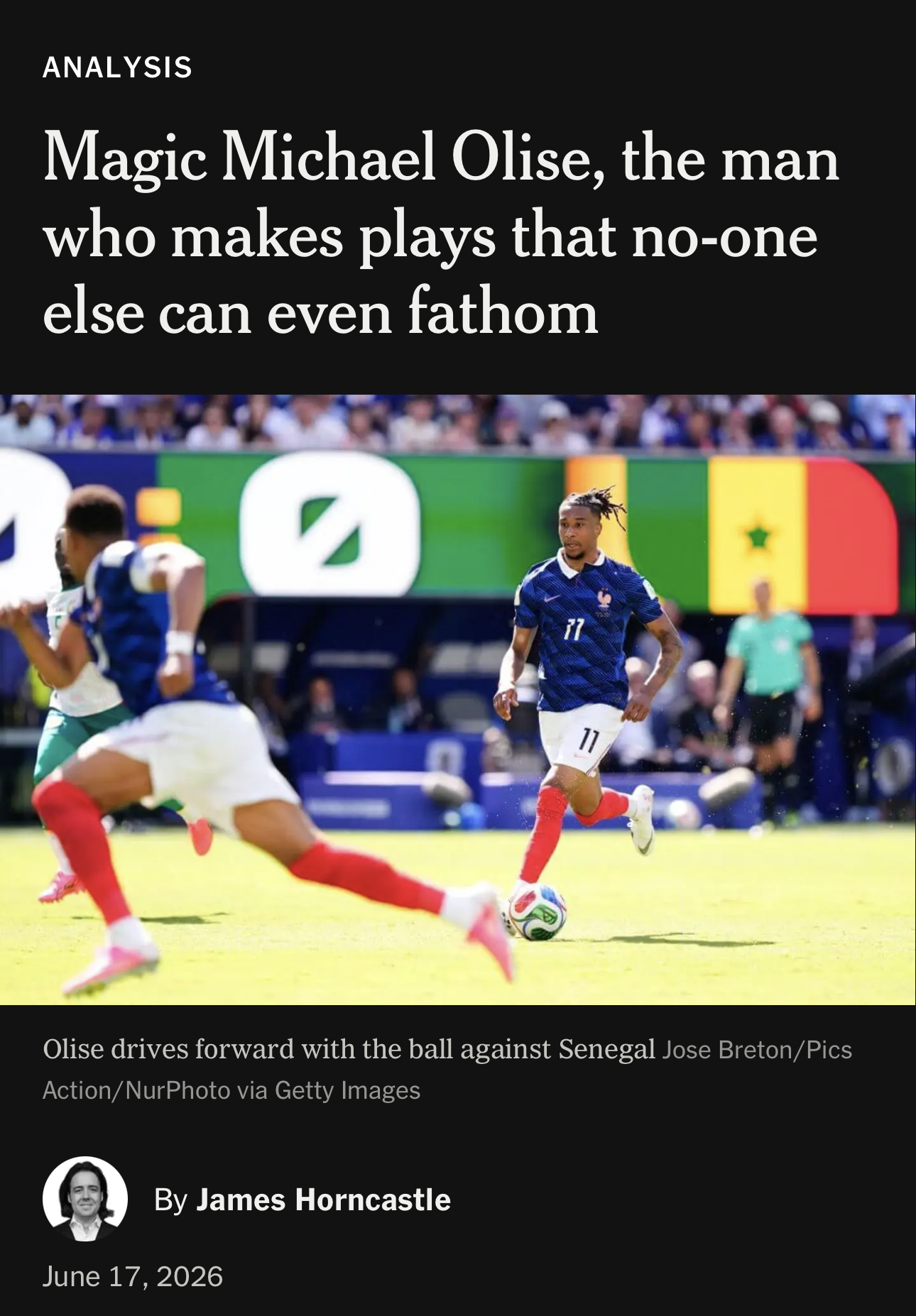 Auto-generated description: Magic Michael Olise is shown driving forward with the ball during a soccer match against Senegal.
