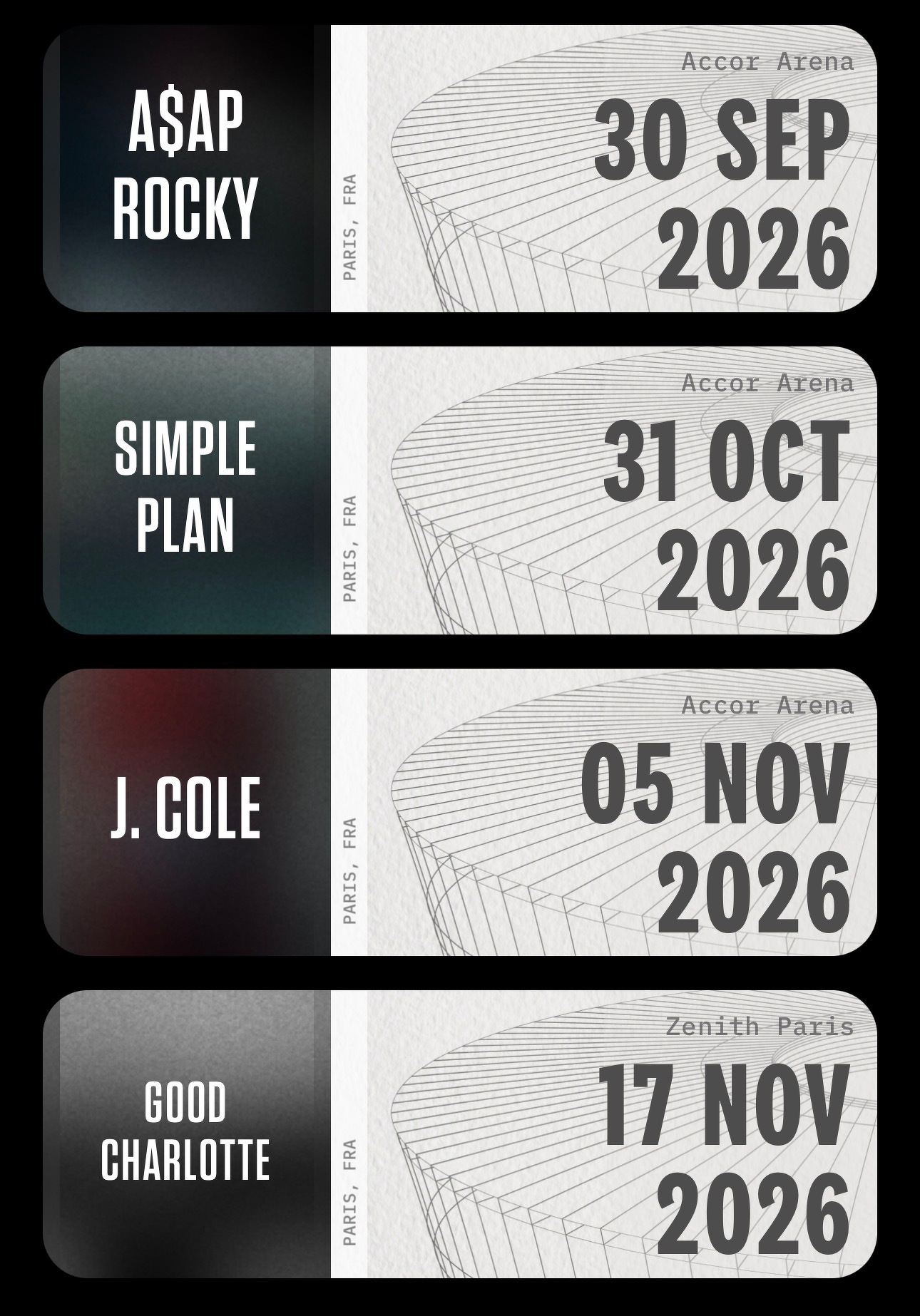 Concert tickets display scheduled performances by A$AP Rocky, Simple Plan, J. Cole, and Good Charlotte in Paris, France, during late 2026.