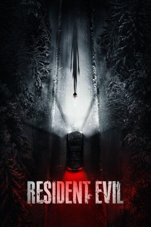 A lone figure stands on a snowy forest road illuminated by a car's headlights, with the title Resident Evil displayed at the bottom.