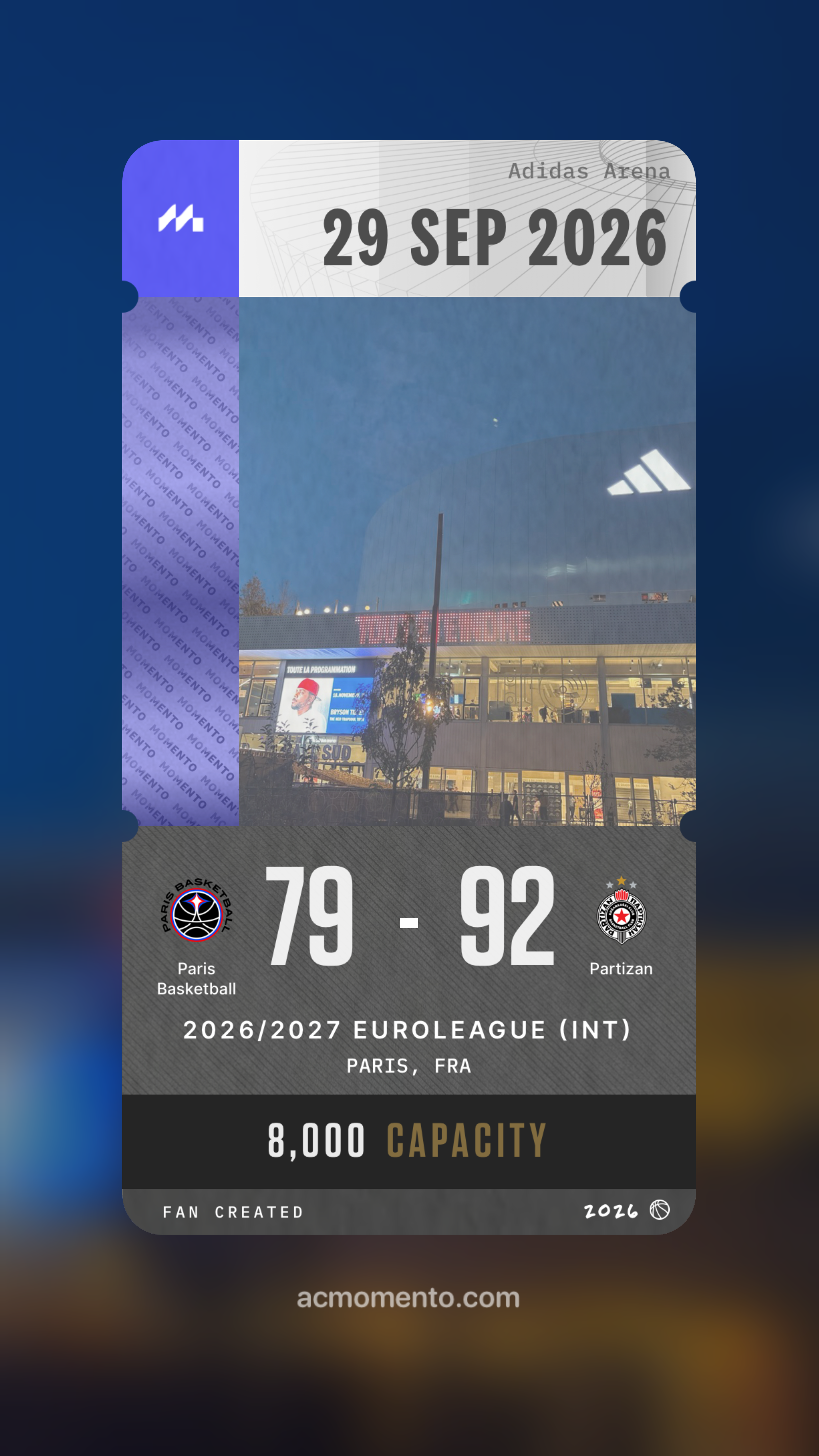 A basketball game ticket for the EuroLeague match between Paris Basketball and Partizan on September 29, 2026, at the Adidas Arena in Paris, with a final score of 79-92 and a stadium capacity of 8,000.