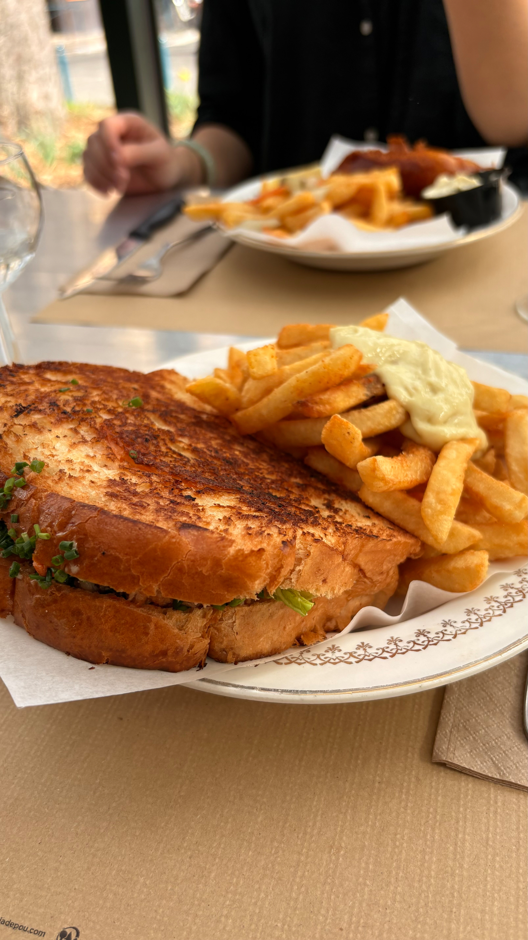 A plate of toasted sandwiches and French fries is served on a table in a restaurant setting.