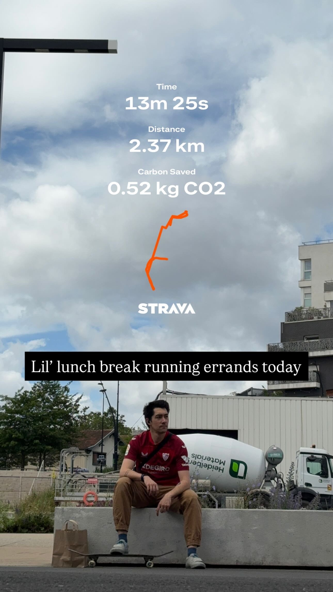 A person sitting on a skateboard is in the foreground, with Strava running stats and the text Lil’ lunch break running errands today overlaid on the image.