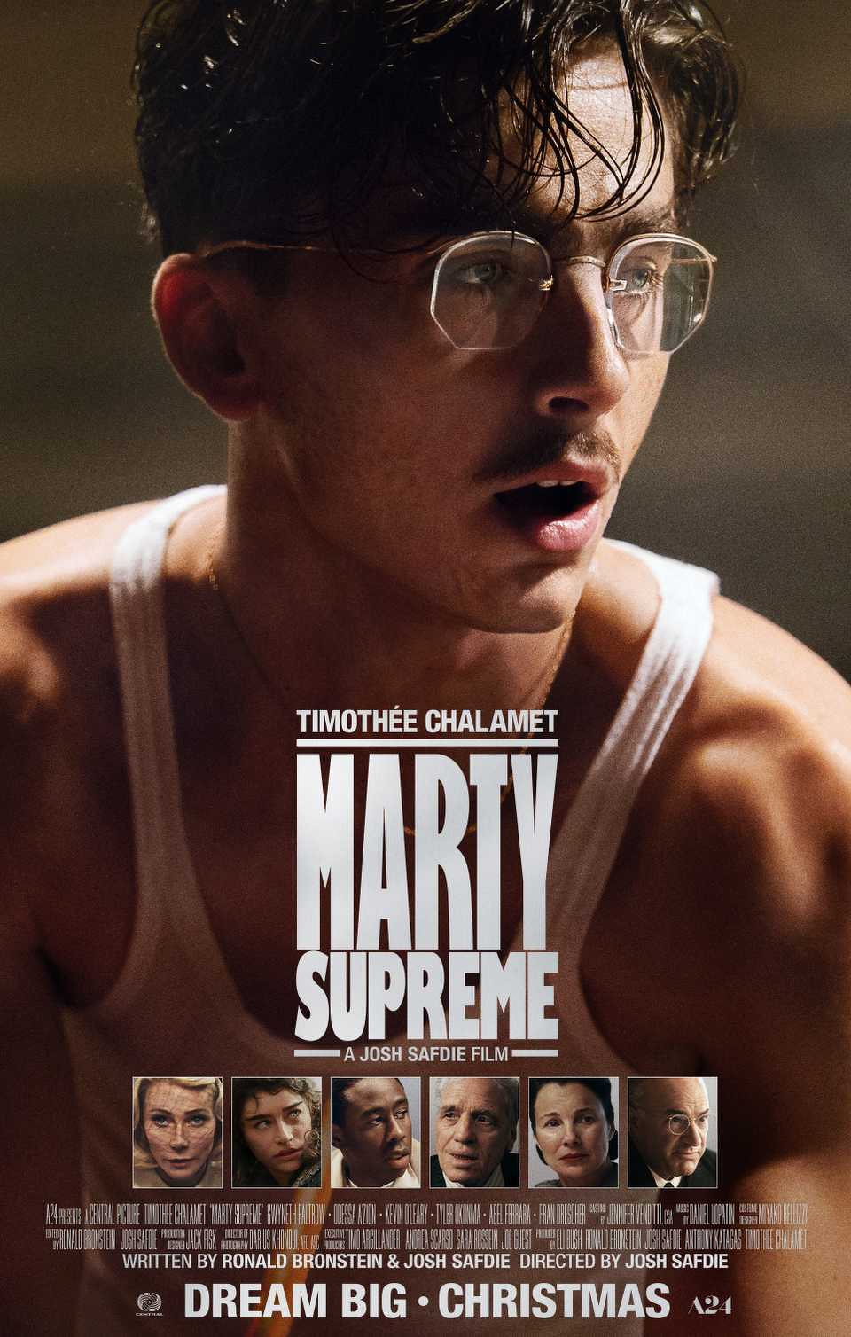 A poster for the film Marty Supreme featuring a man with glasses and a focused expression, along with the release date and credits.