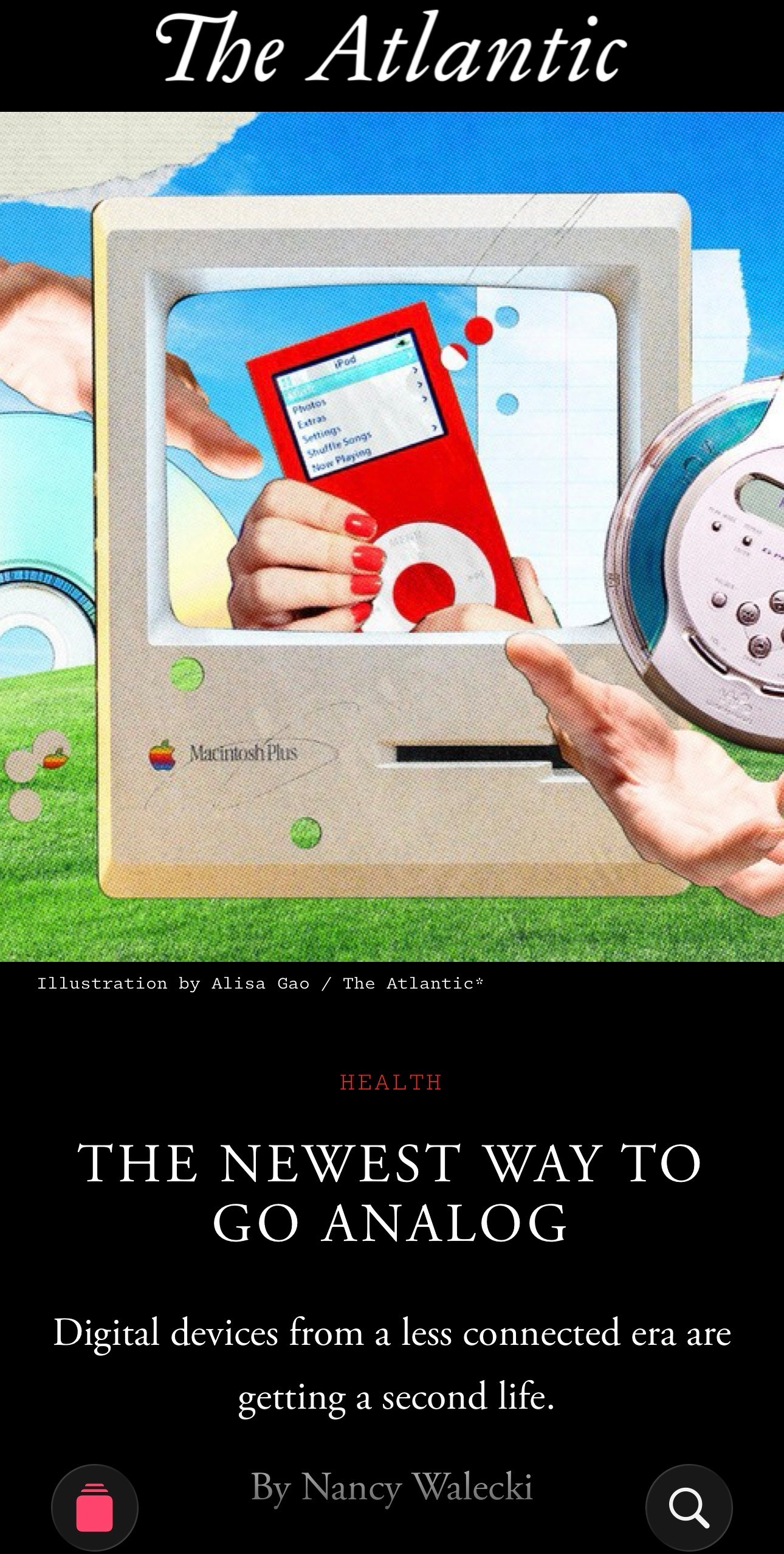 A collage featuring a vintage Macintosh Plus computer, a red iPod, and a handheld CD player illustrates the concept of digital devices from a less connected era making a comeback.
