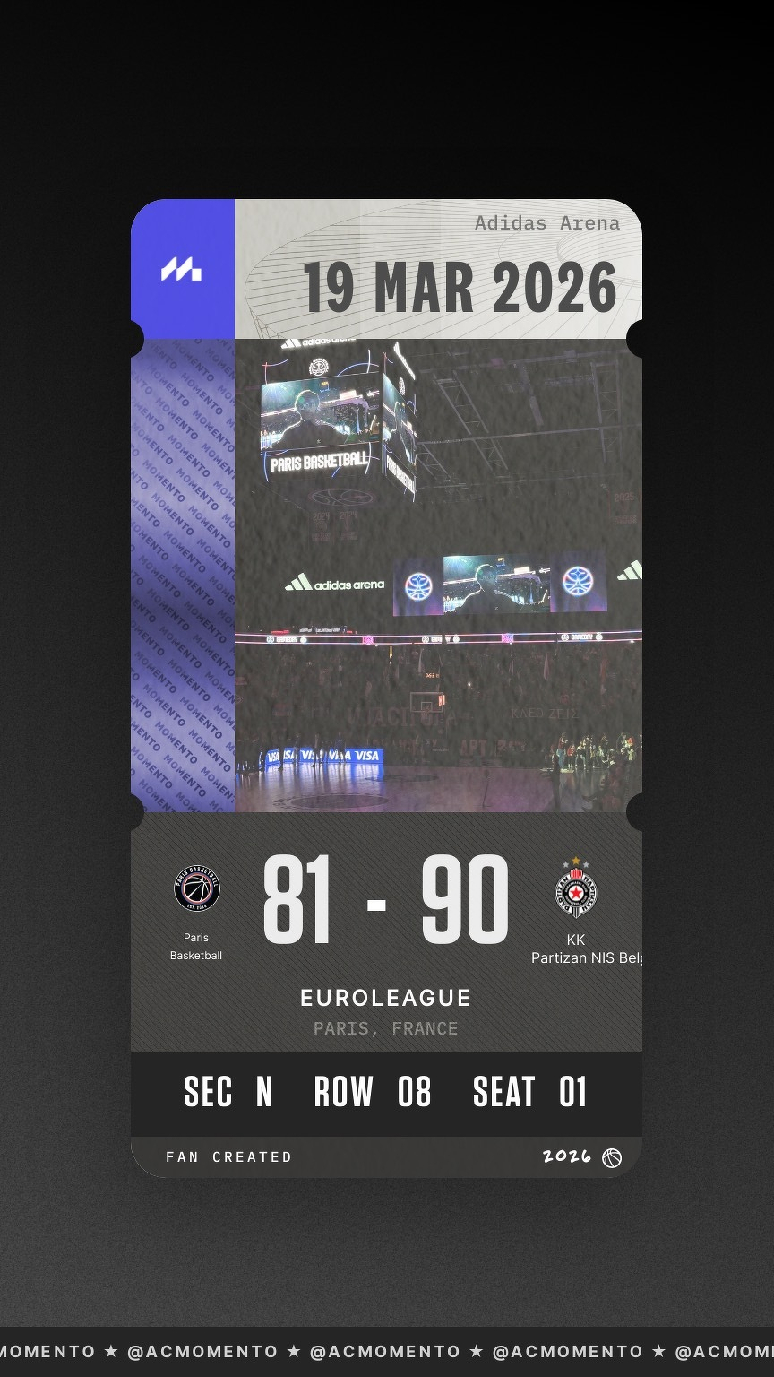 A digital ticket design features a basketball game at the Adidas Arena in Paris with a final score of 81-90, showing team names Paris Basketball and KK Partizan NIS Belgrade, along with the details of date, section, row, and seat.