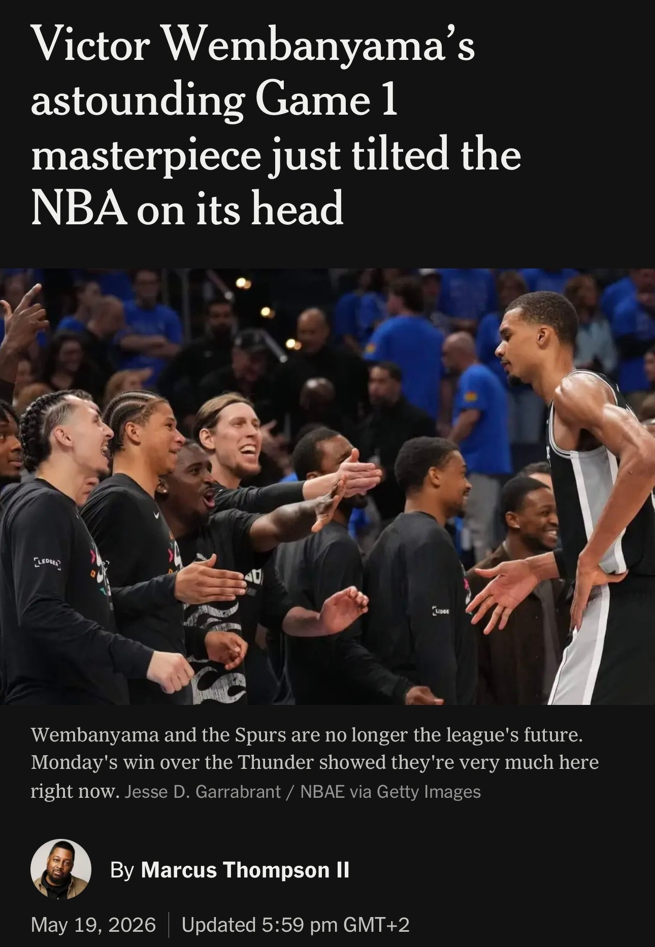 Victor Wembanyama is seen energetically celebrating with teammates, while an article caption highlights his performance in Game 1 against the Thunder.