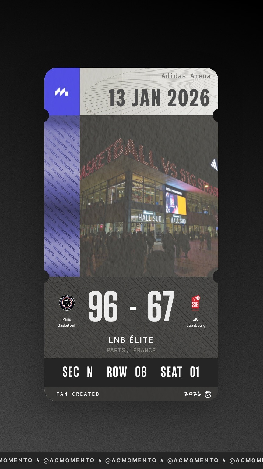 A digital ticket stub for a basketball game in Paris on January 13, 2026, showing a score of Paris 96, Strasbourg 67.