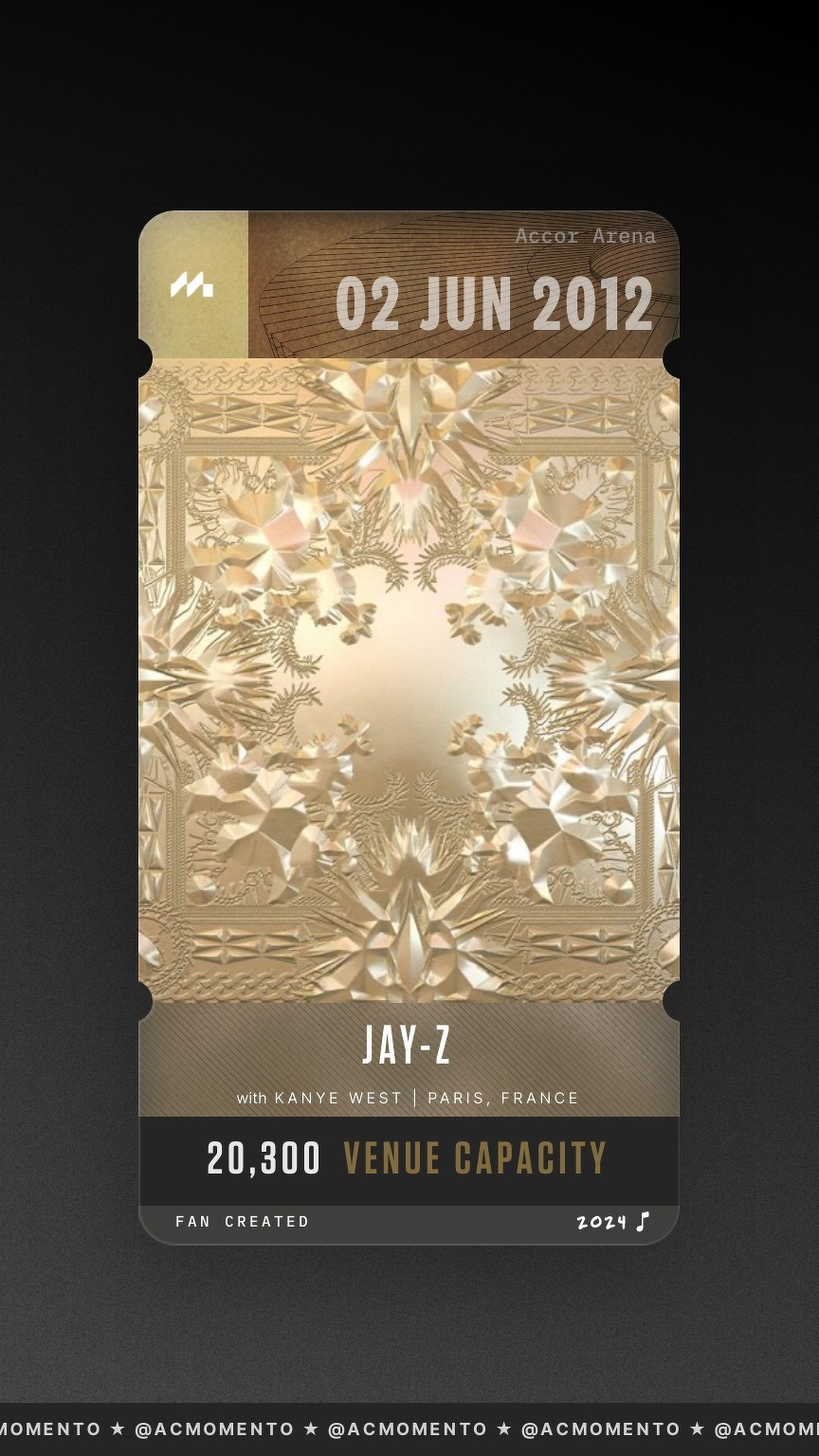 A stylized concert ticket for a Jay-Z performance featuring Kanye West in Paris, France, with a venue capacity of 20,300, dated June 2, 2012.