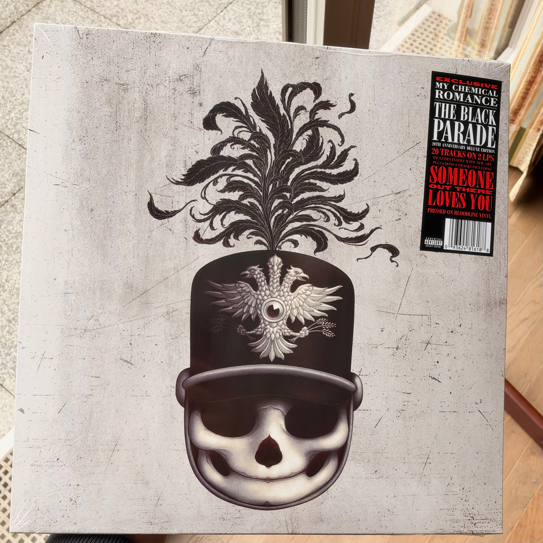 A skull wearing a black hat adorned with an intricate emblem and large, decorative feathers is depicted on the album cover.