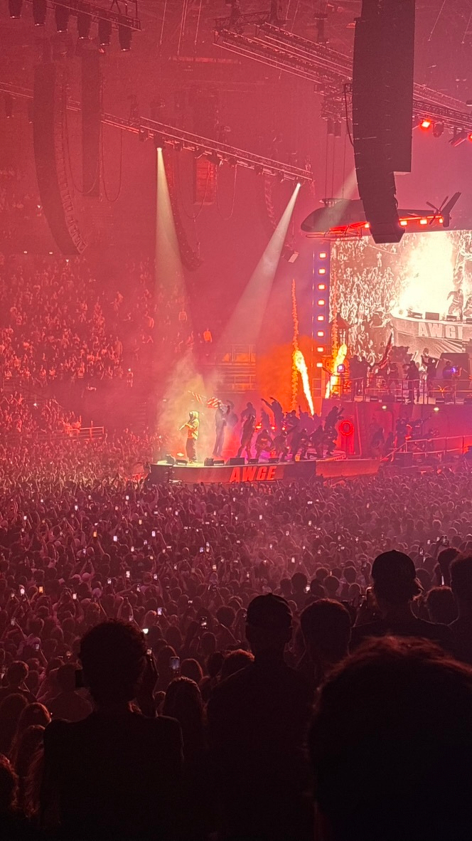 A large crowd is watching a live performance with bright stage lights, smoke effects, and a group of performers on a platform labeled AWGE.