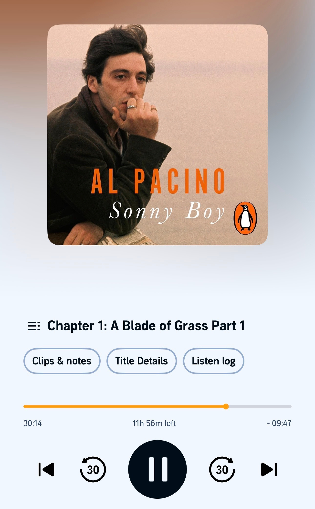 Al Pacino's audiobook Sonny Boy is currently playing, paused at Chapter 1 titled A Blade of Grass Part 1.