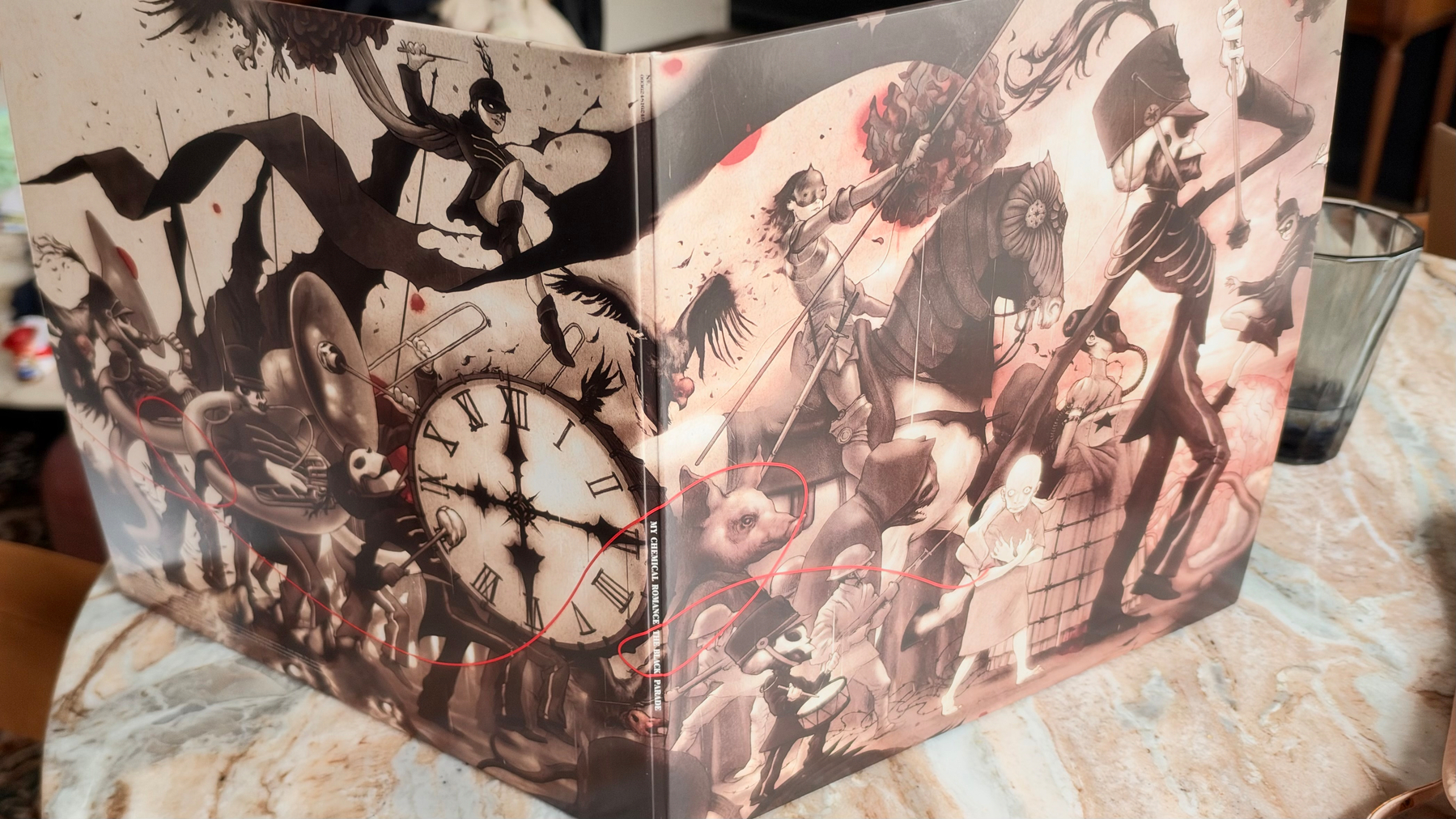 A dark, surreal illustration features characters in combat, a large clock showing the time around 4:30, and various fantastical elements including a skeleton soldier on a horse and a figure wielding a scythe.