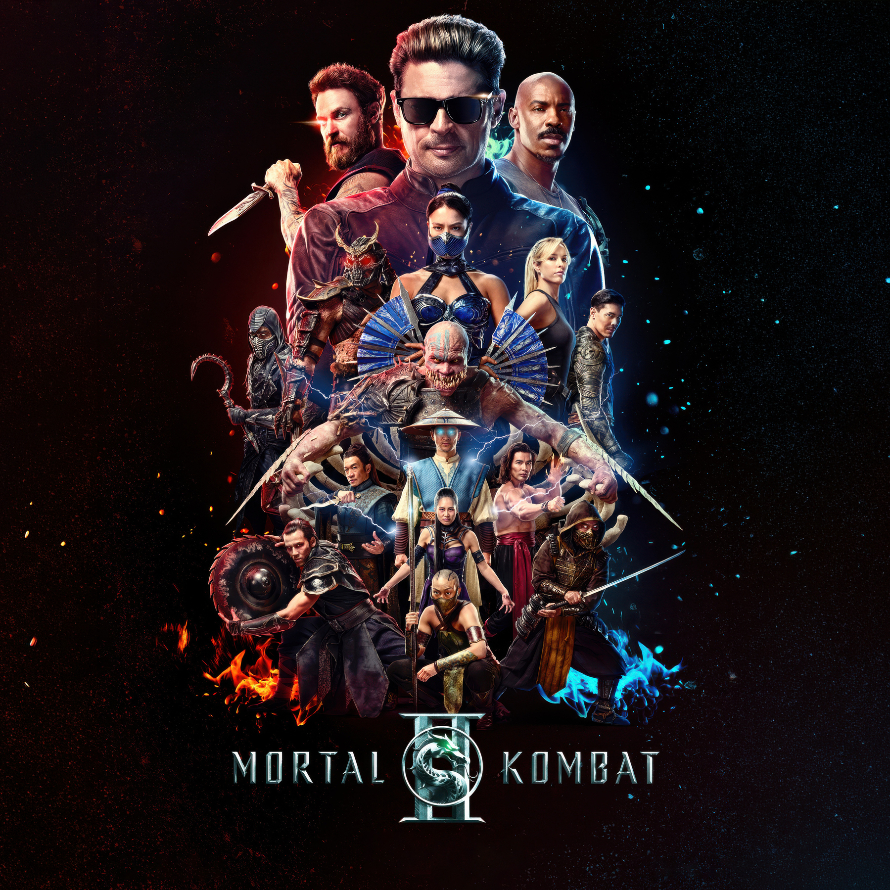 Characters from the movie Mortal Kombat II are arranged in a dramatic, action-packed composition with fiery and icy effects, highlighting the intense and diverse fighters from the franchise.
