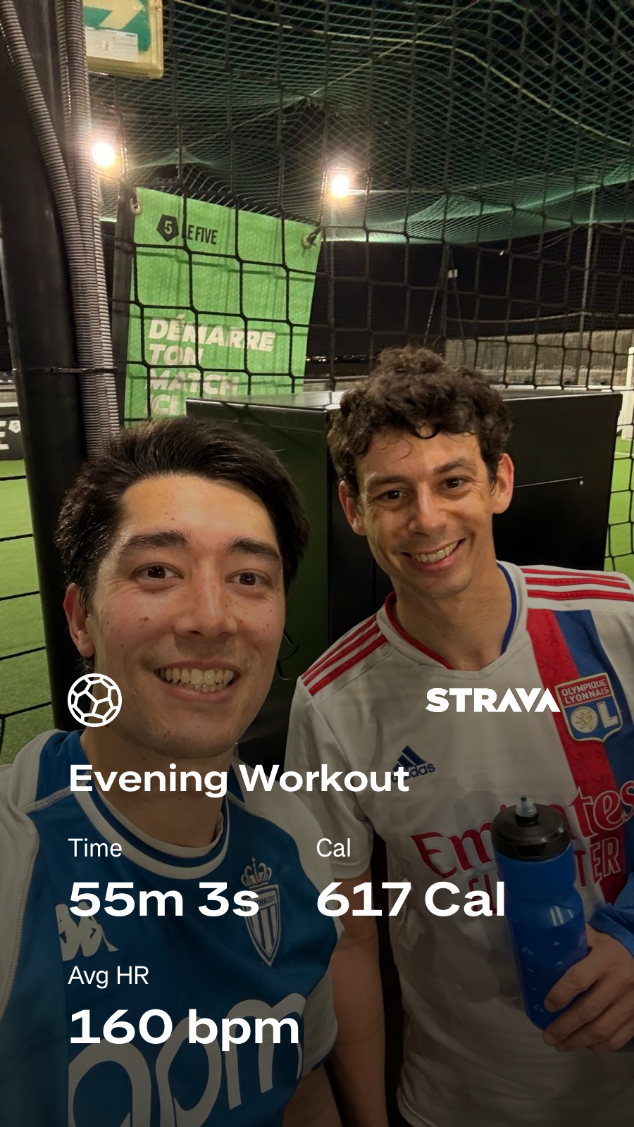 Two people in soccer jerseys are smiling for a selfie at an indoor sports facility, with workout stats overlaying the image.