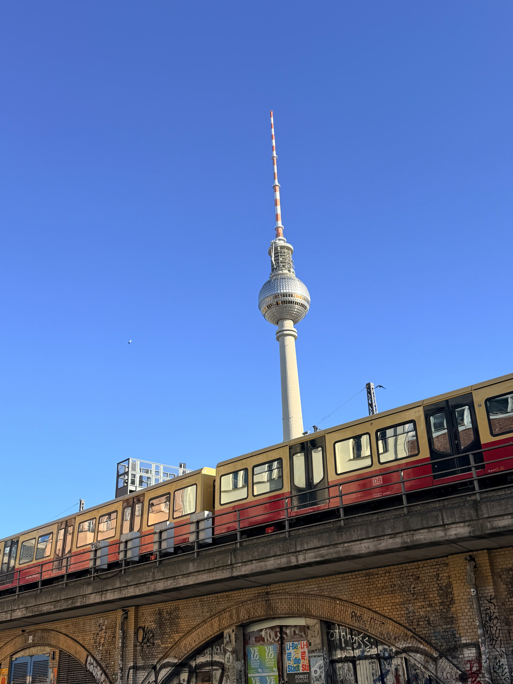 Auto-generated description: A train is passing over a graffitied bridge with a tall tower in the background under a clear blue sky.