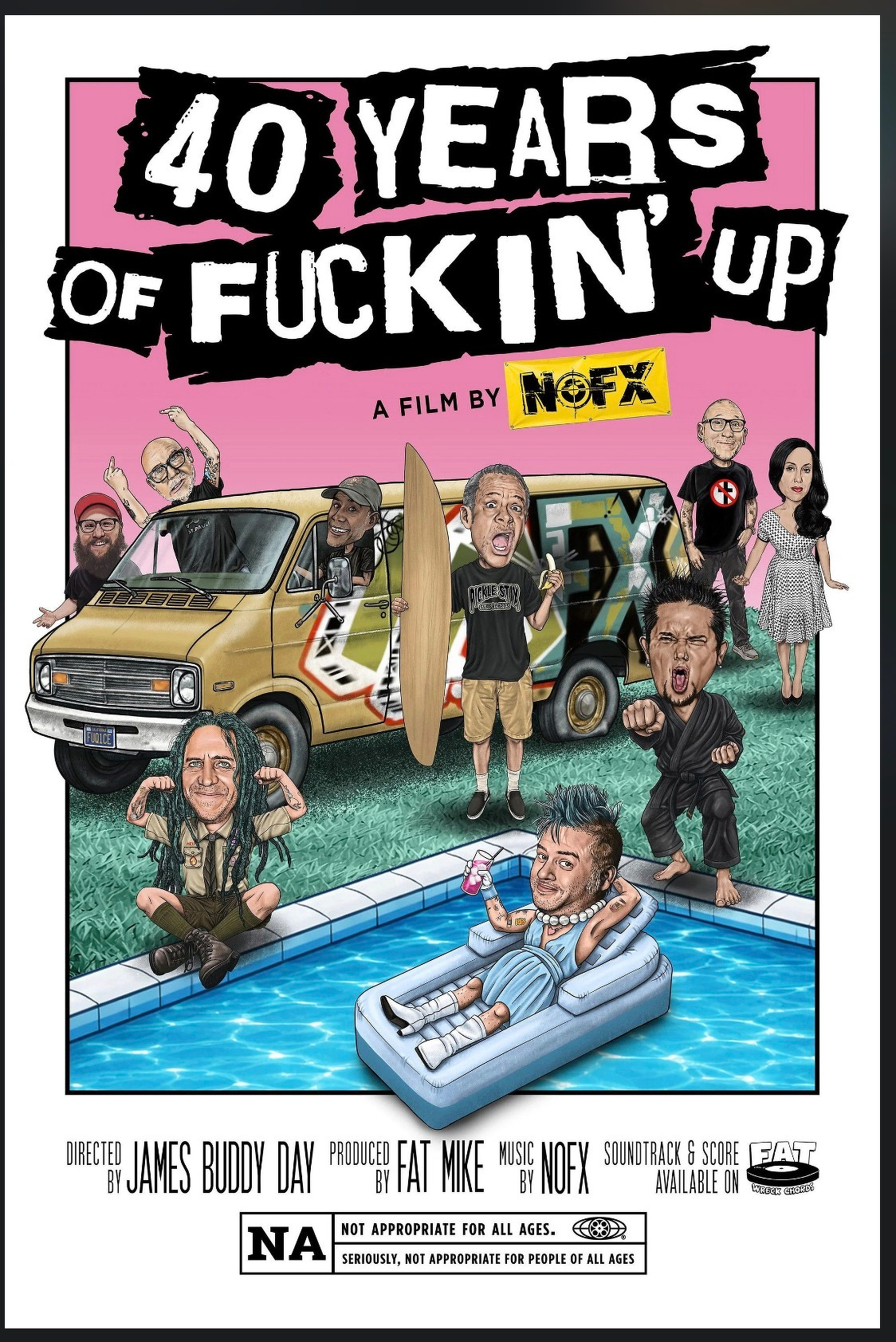 A colorful, cartoon-style poster for a documentary film celebrating 40 years of the punk rock band NOFX features caricatures of the band members around a graffiti-covered van and a pool.