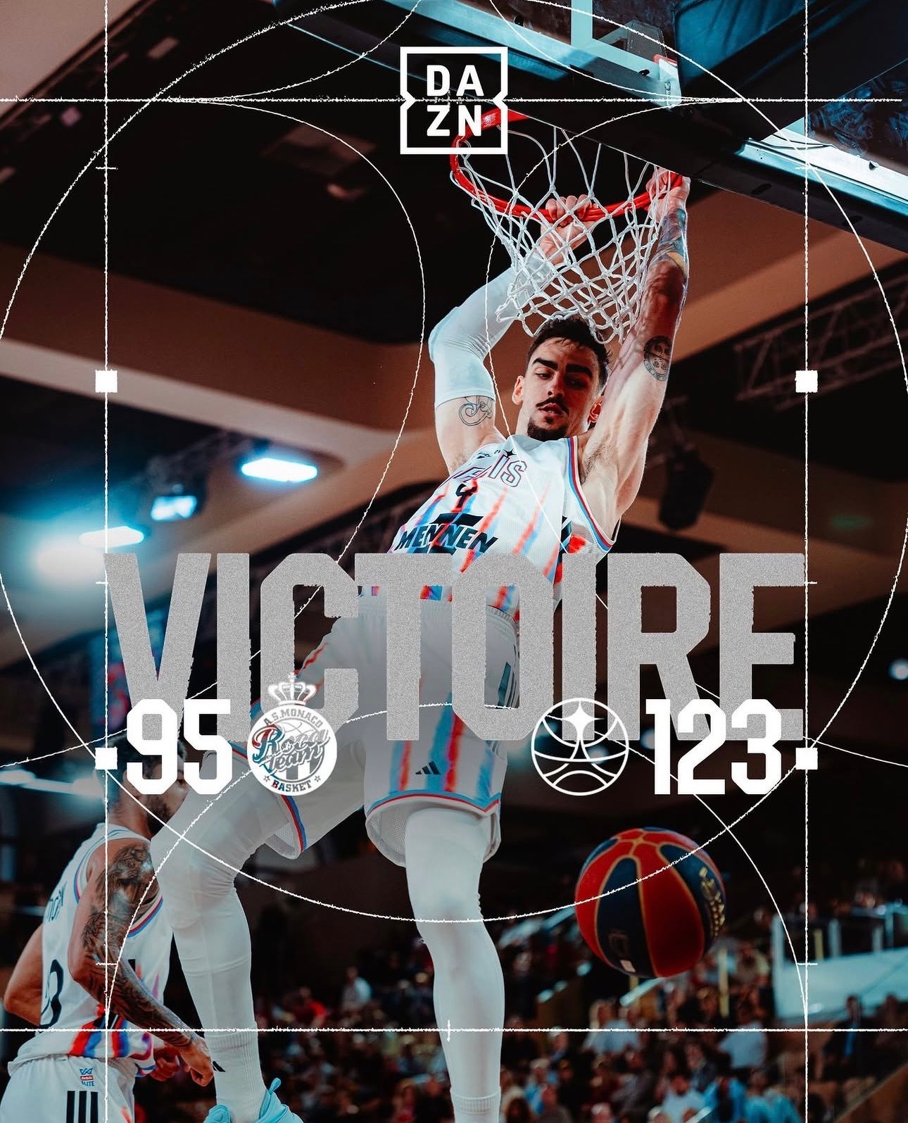 A basketball player is hanging on the rim after a dunk, with a scoreboard showing a victory score of 123 to 95, and the DAZN logo at the top.
