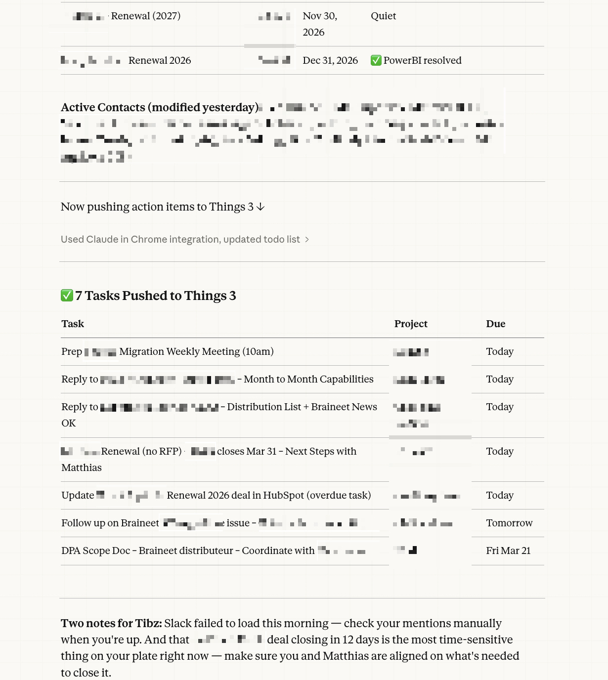 Auto-generated description: A task management interface displays upcoming tasks, renewal dates, active contacts, and notes related to project deadlines and communications.