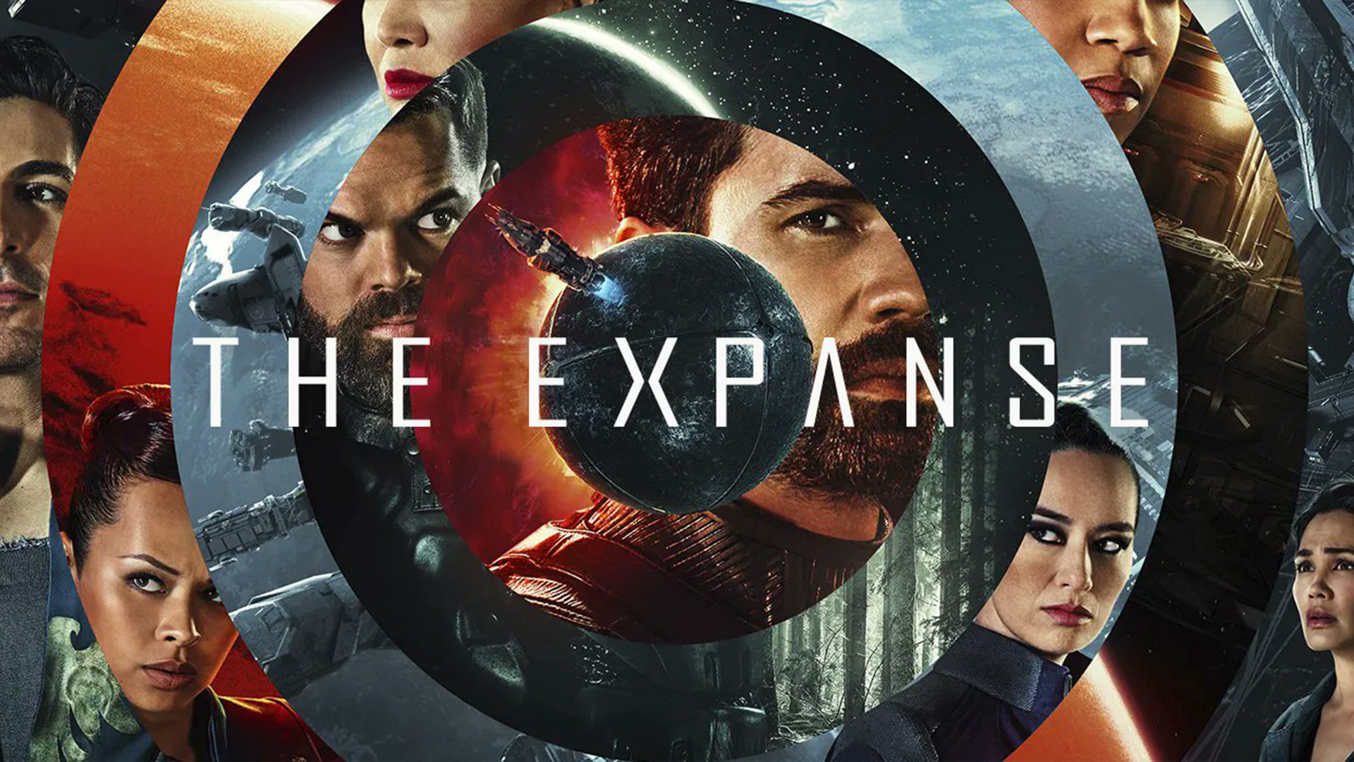 Auto-generated description: A promotional poster for the TV series The Expanse features multiple characters' faces arranged within concentric circles against a cosmic and industrial background.